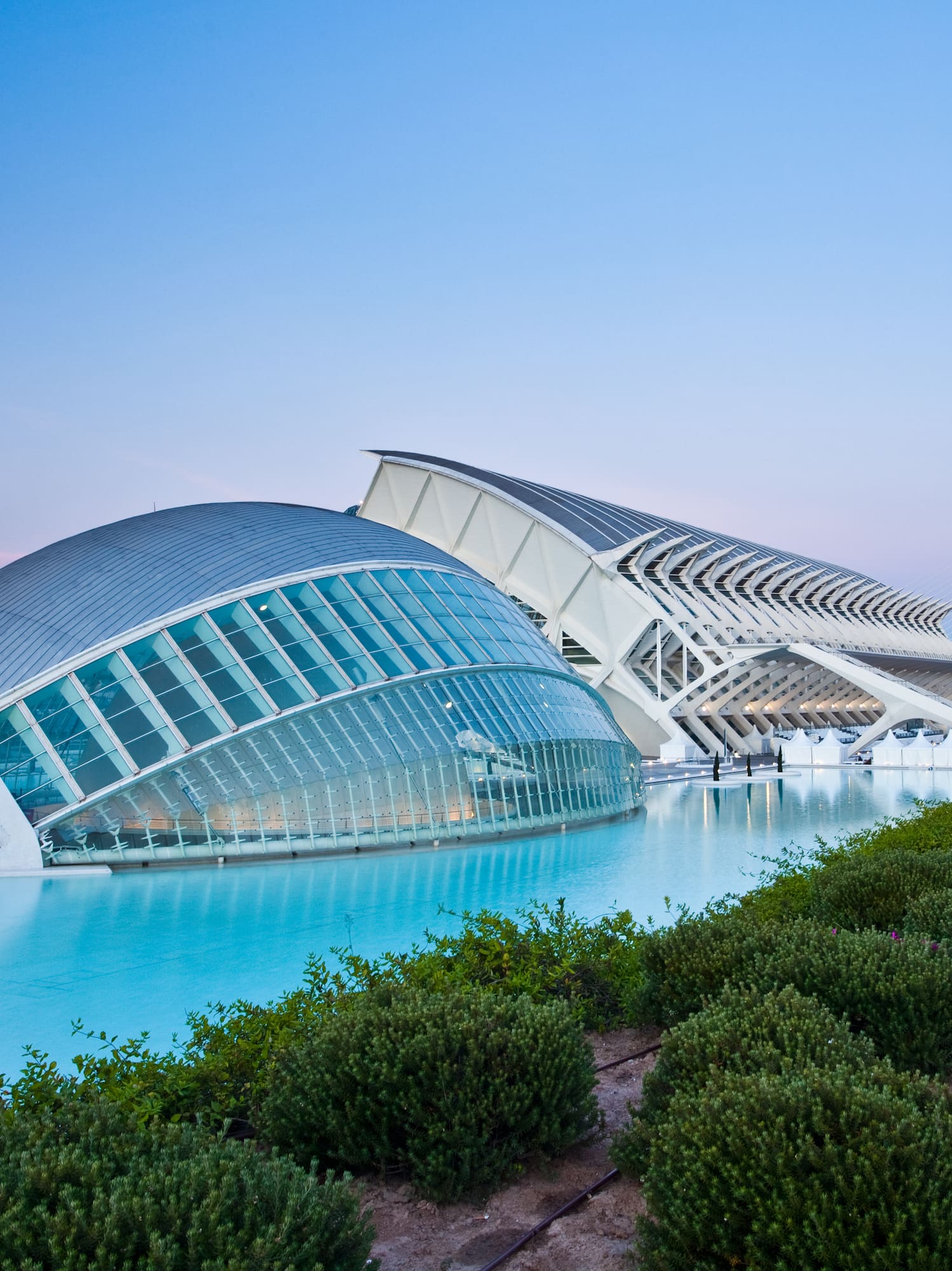 Arquitectura futurista Ciudad Artes Ciencias Valencia, agua azul al atardecer.
