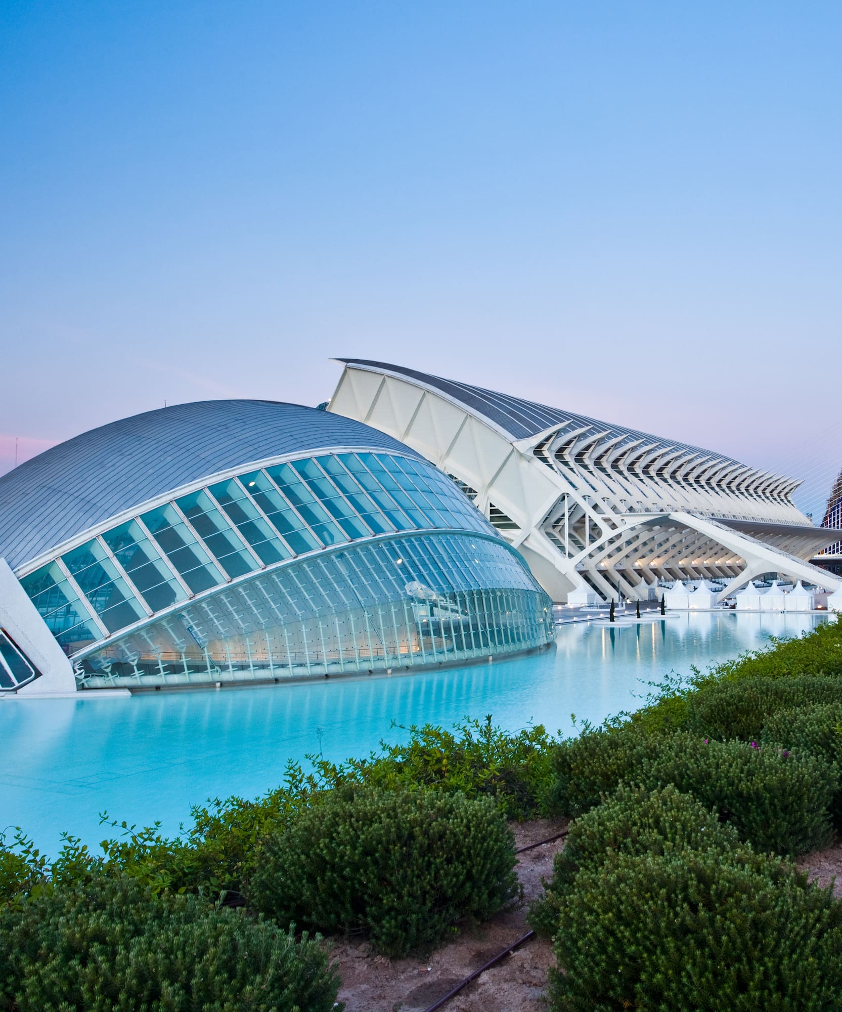 Arquitectura futurista Ciudad Artes Ciencias Valencia, agua azul al atardecer.