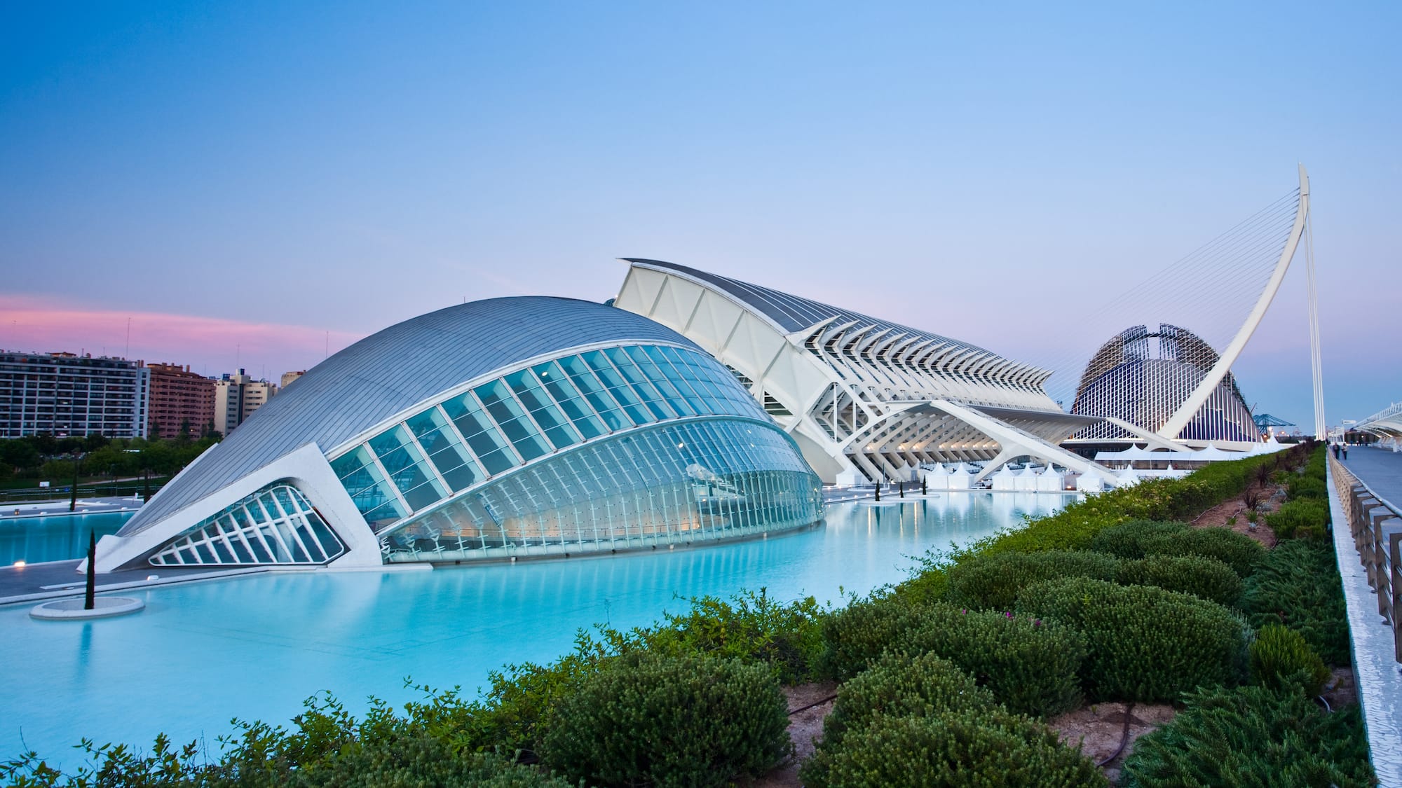 a building with a curved roof and a pool of water
