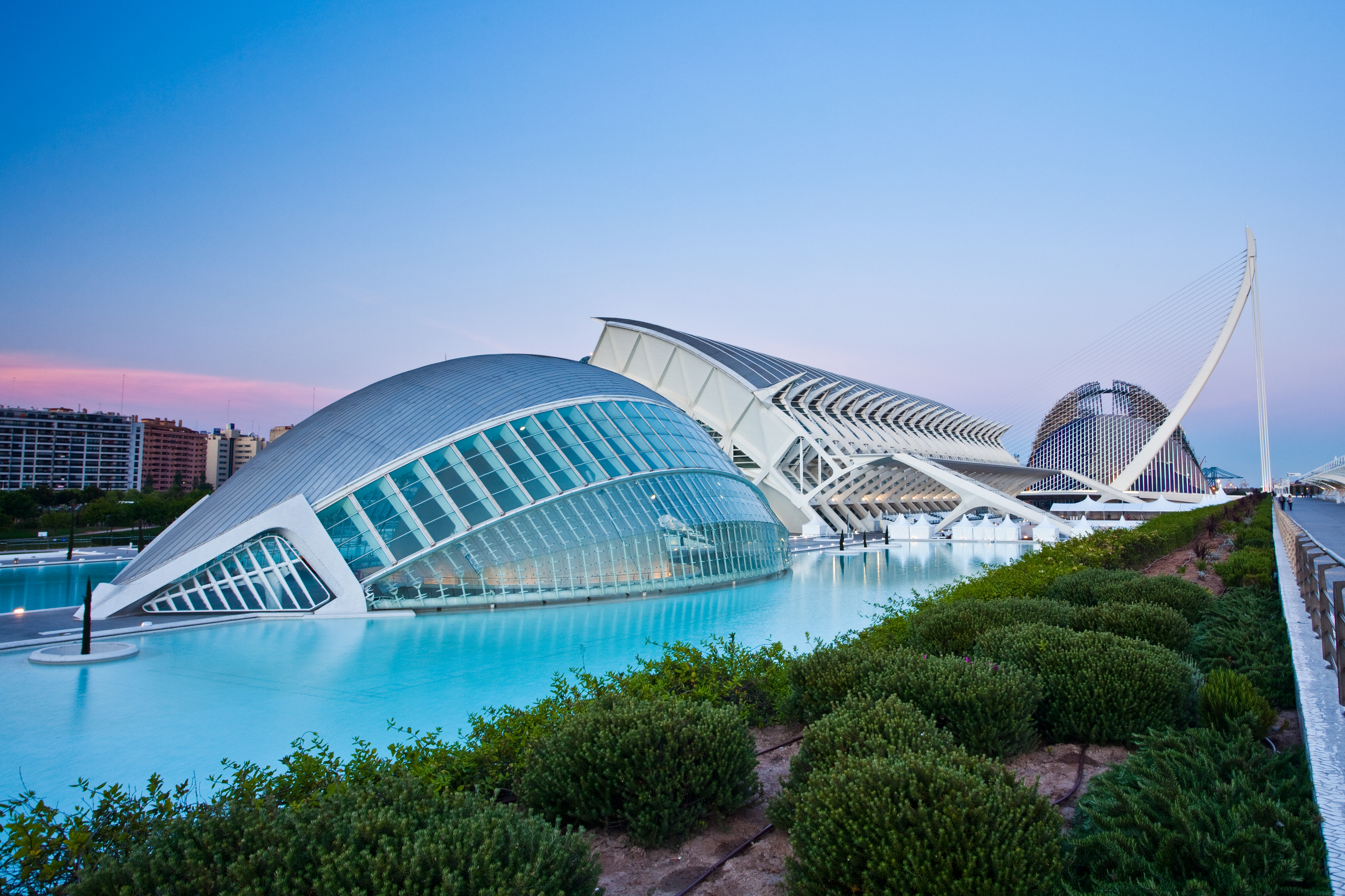 Arquitectura futurista Ciudad Artes Ciencias Valencia, agua azul al atardecer.