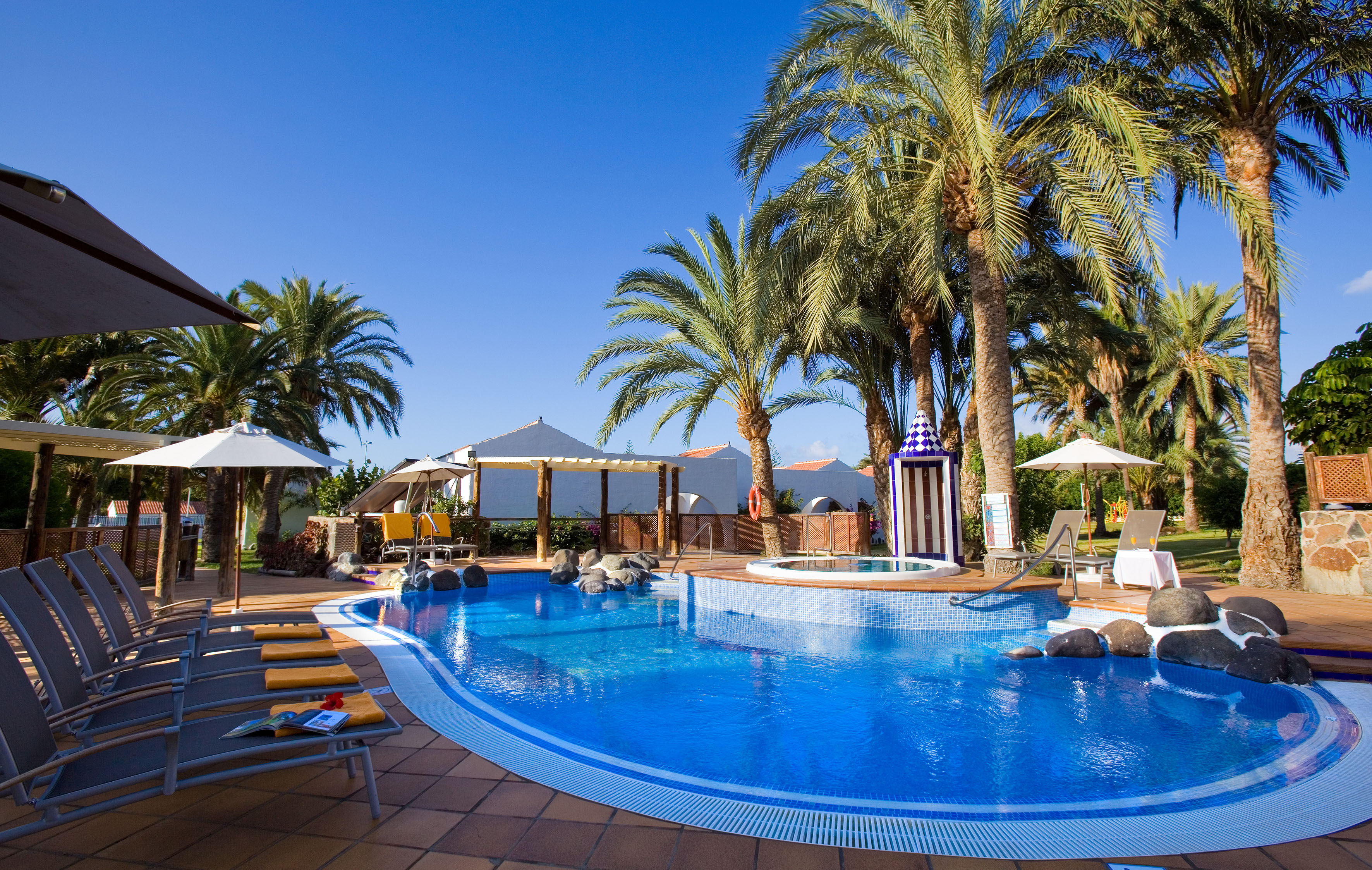 Tropical hotel swimming pool surrounded by palm trees and sun loungers.