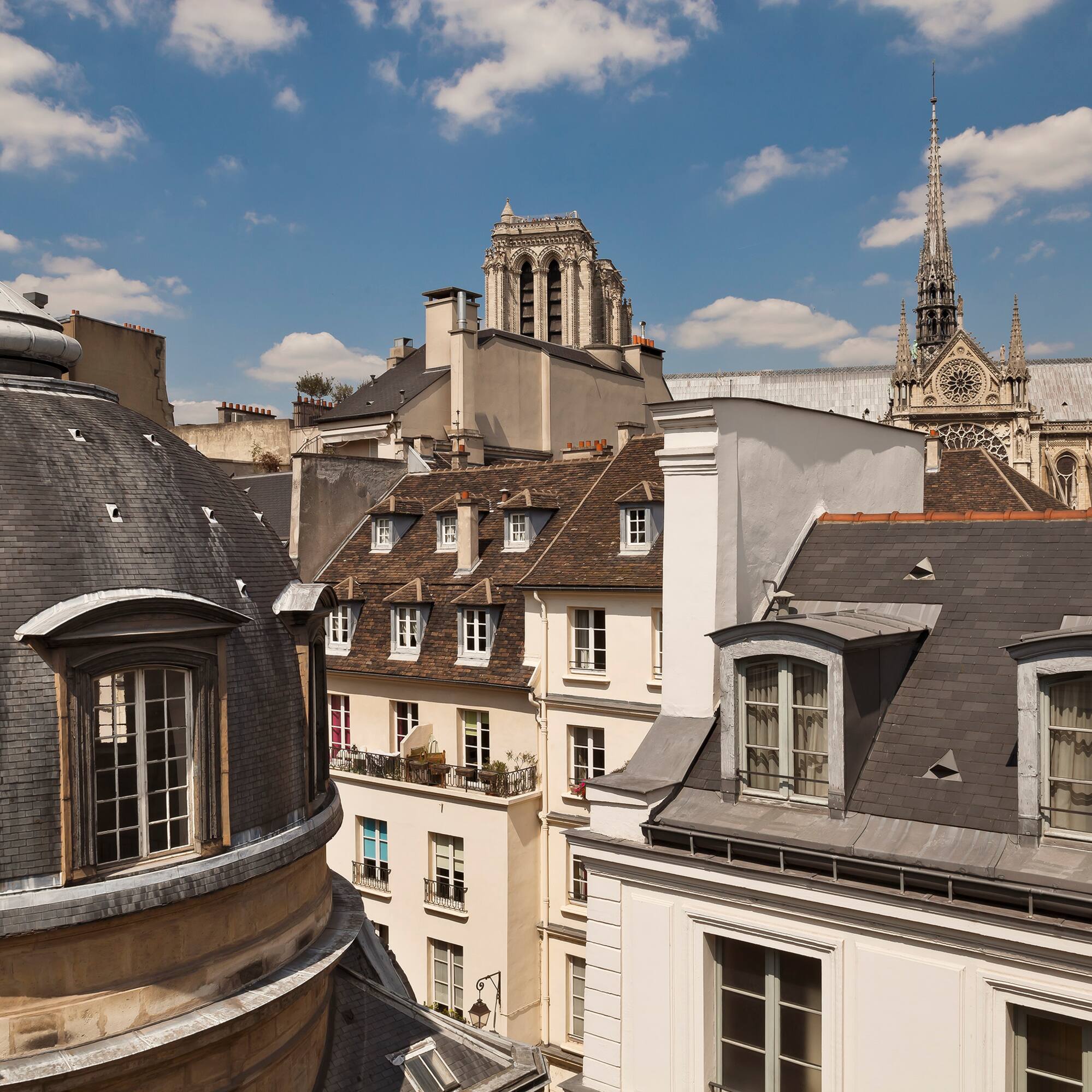 a rooftops of buildings with a steeple and a tower