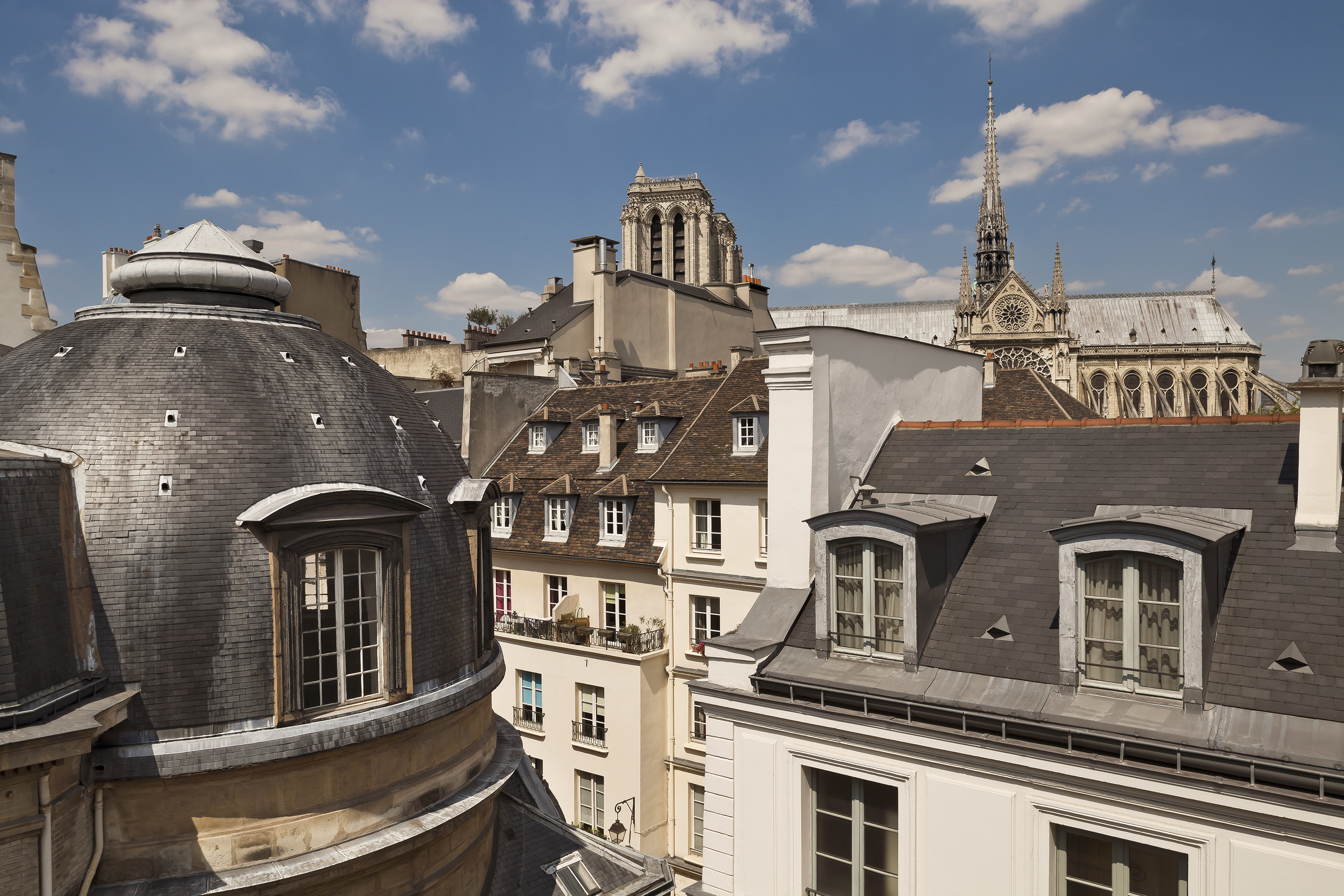 a rooftops of buildings with a steeple and a tower