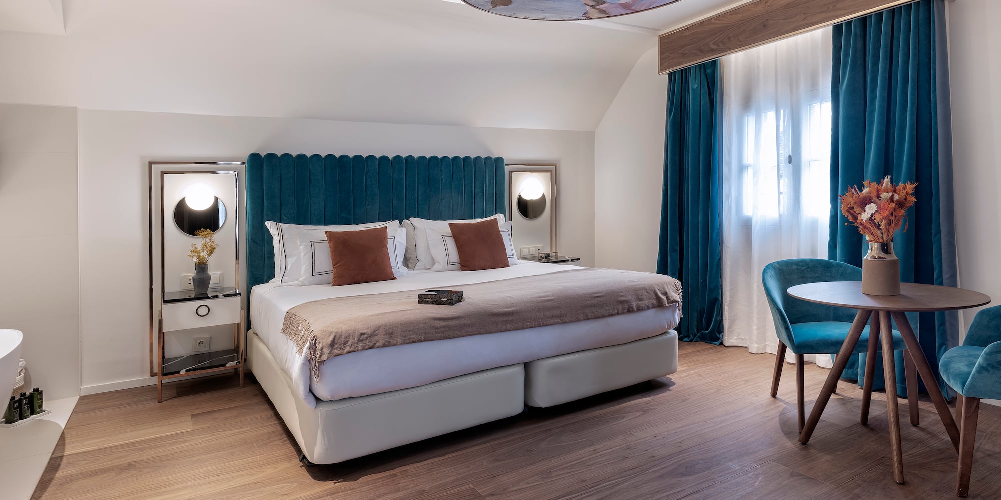 a room with a bed and a table