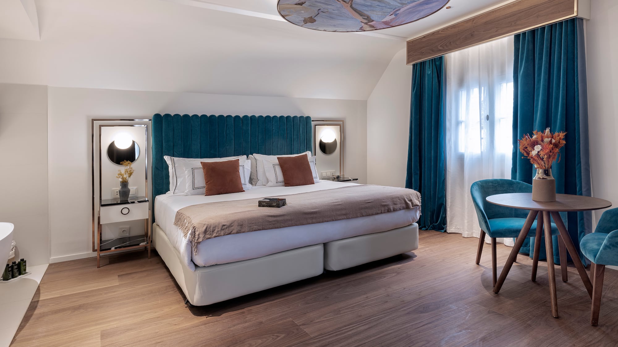 a room with a bed and a table