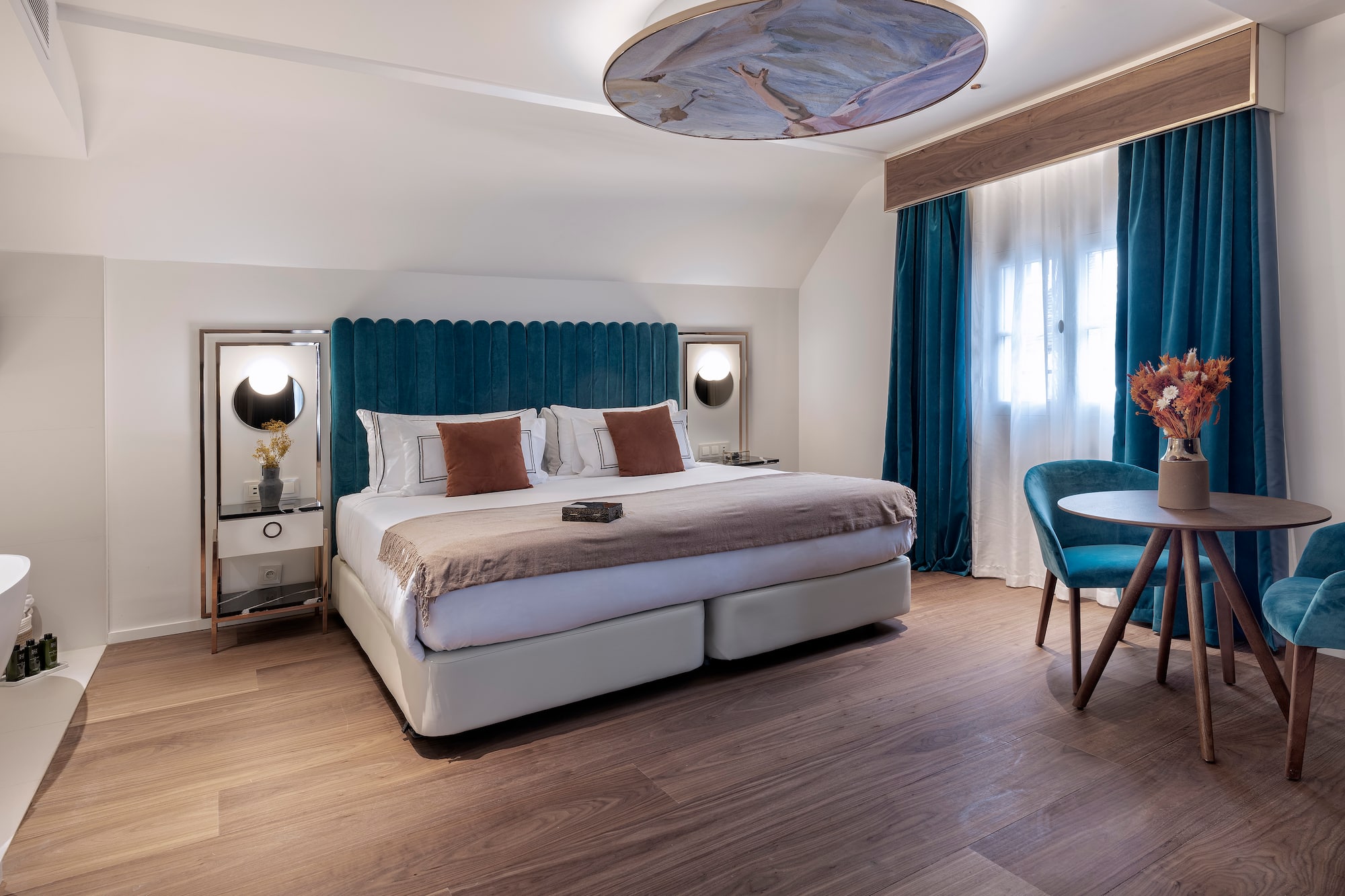 a room with a bed and a table