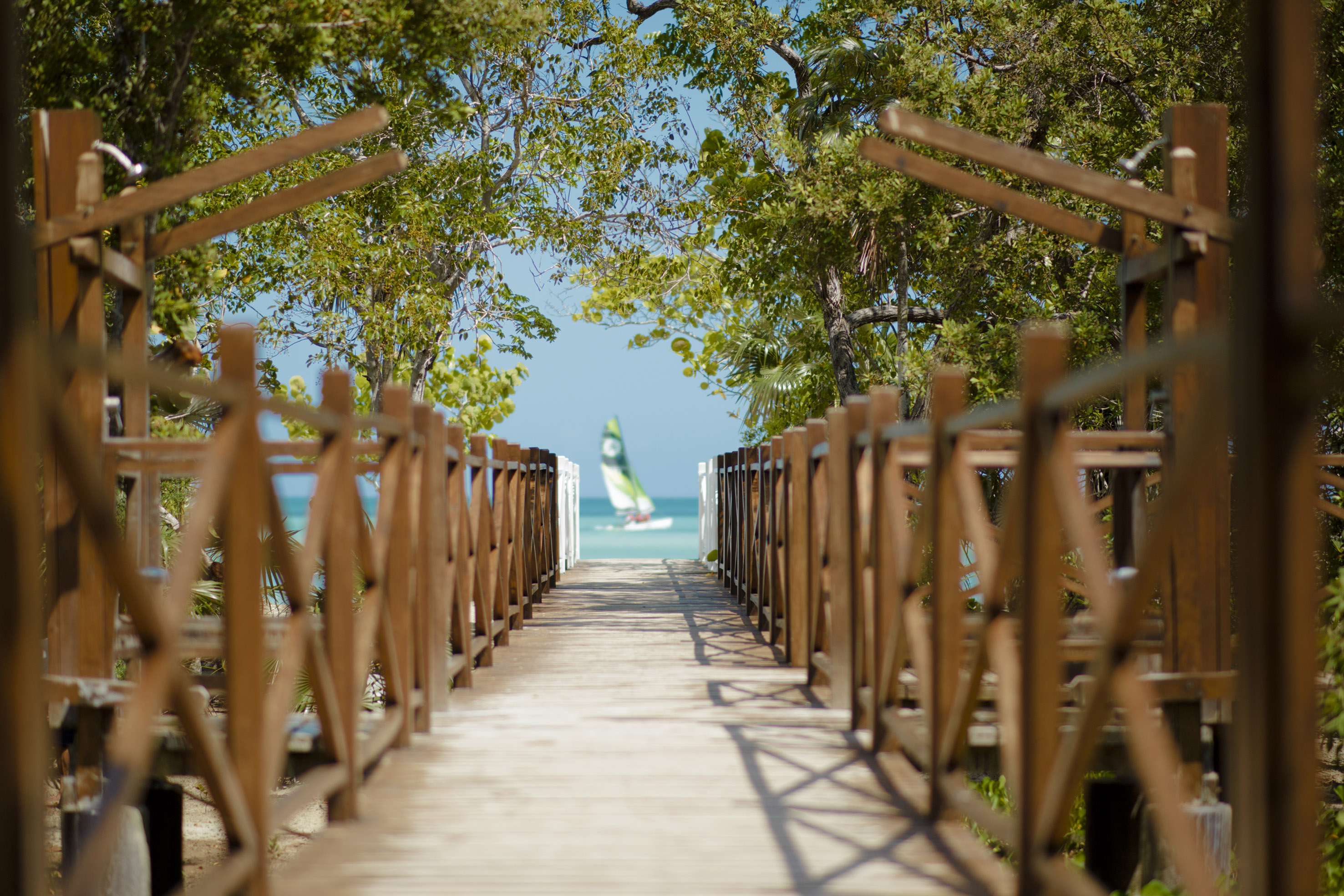 a wooden walkway with railings and a sailboat in the water