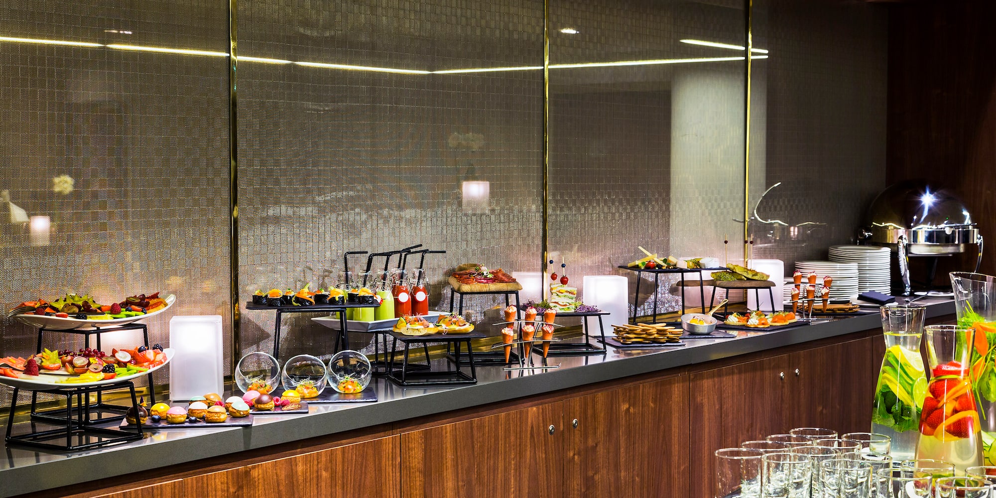 a buffet table with food on it