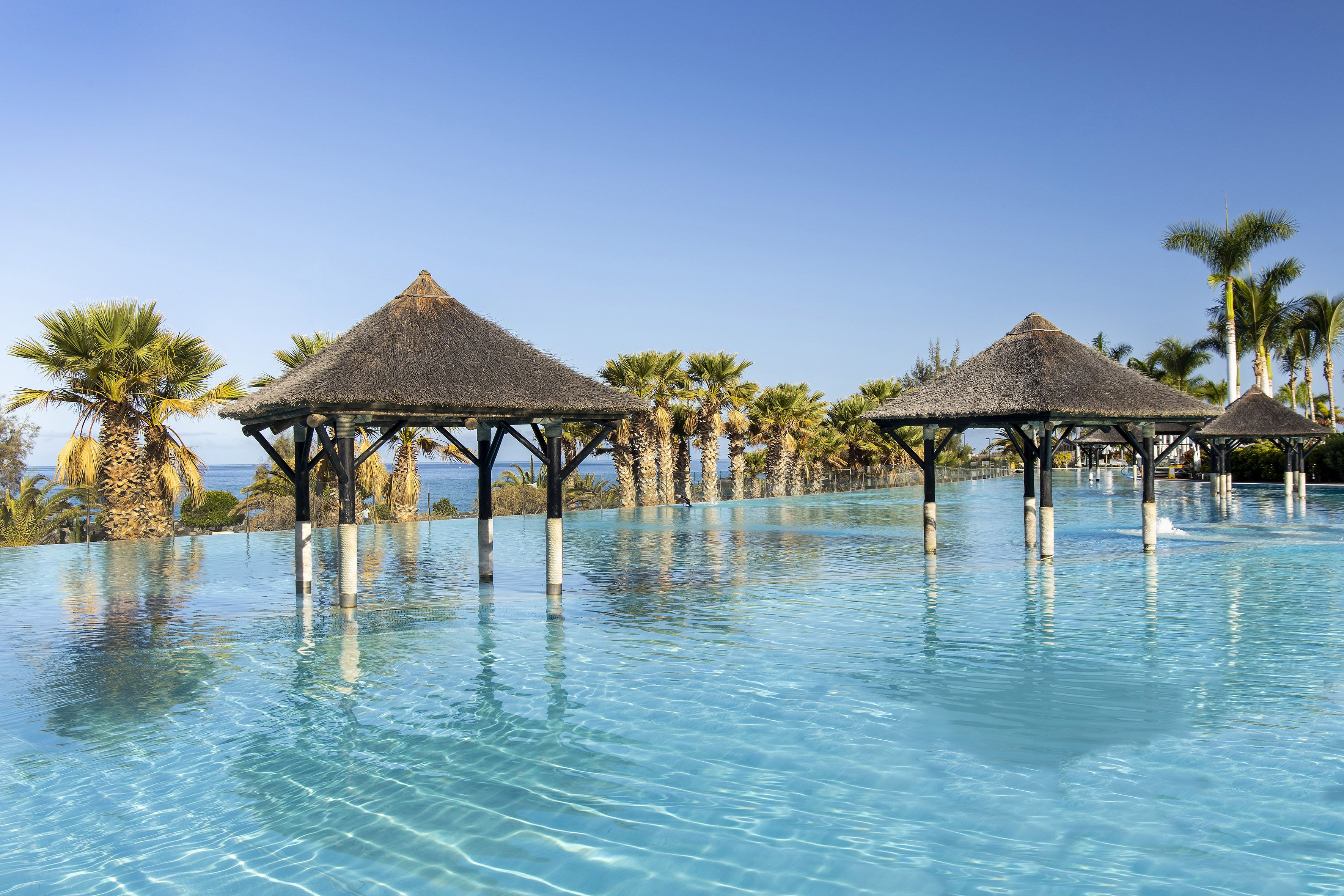Tropical infinity pool with thatched gazebos, palm trees, and ocean views.