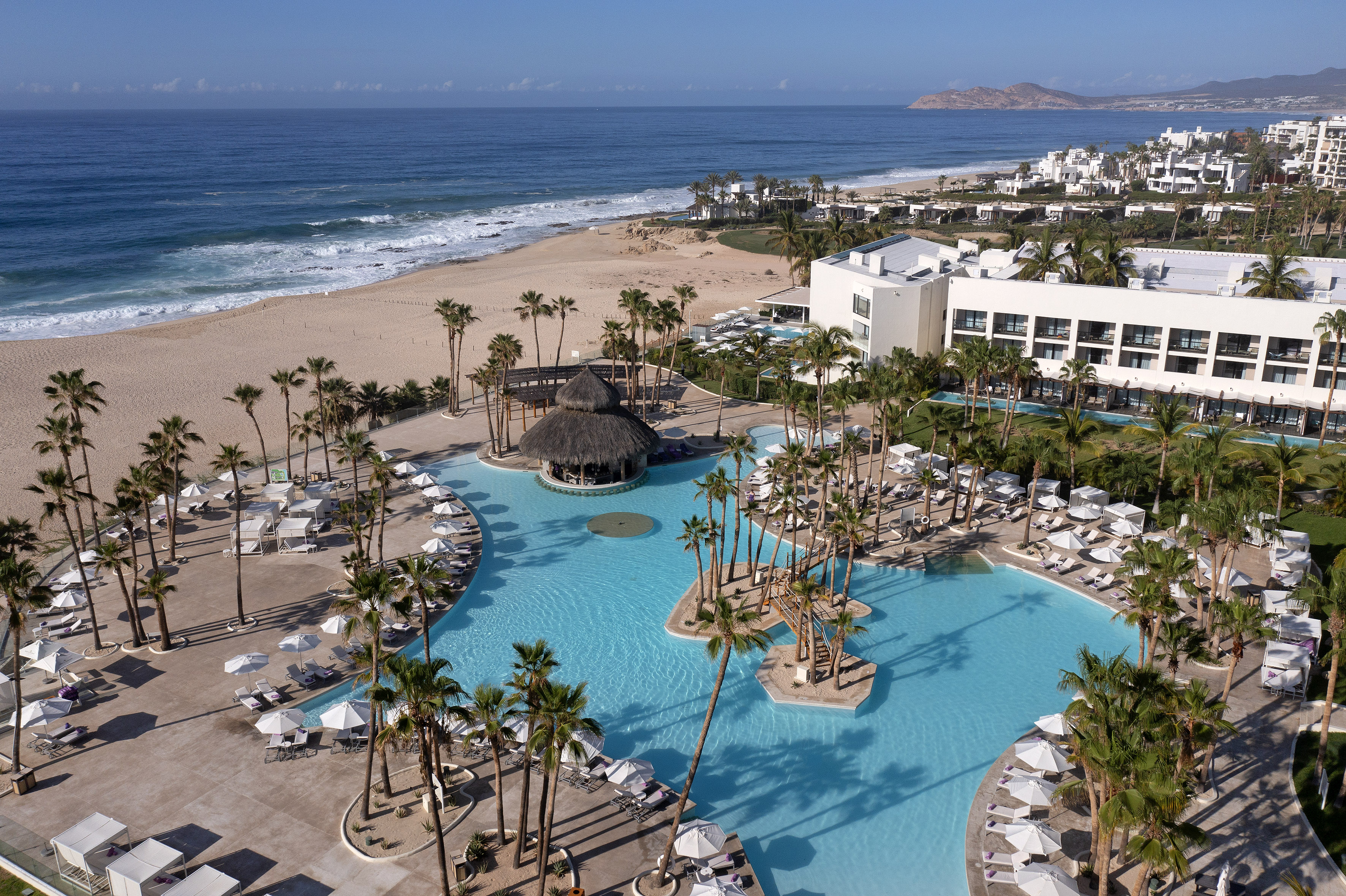 Tropical beach resort with large pool, palm trees, sandy beach, and ocean.