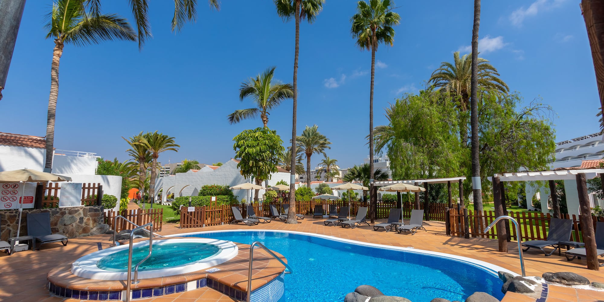 a pool with a hot tub and palm trees