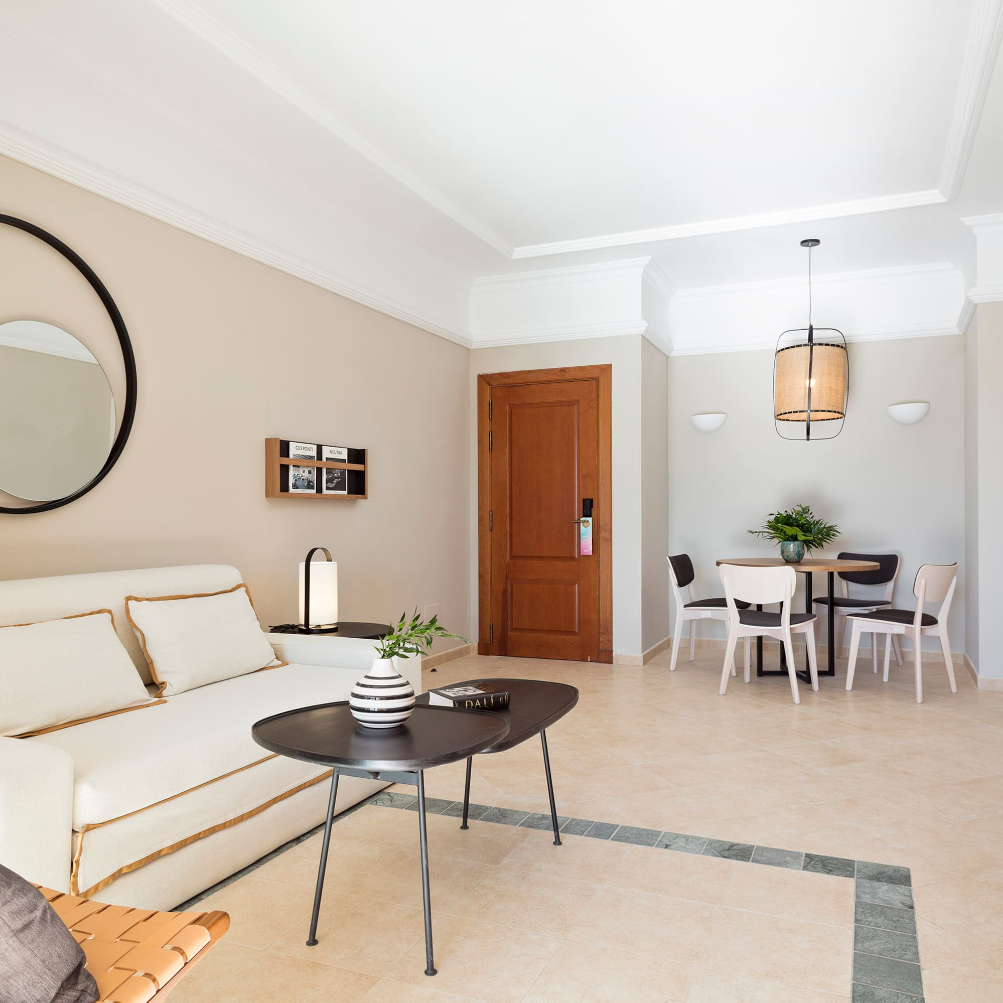 a living room with a couch and a table