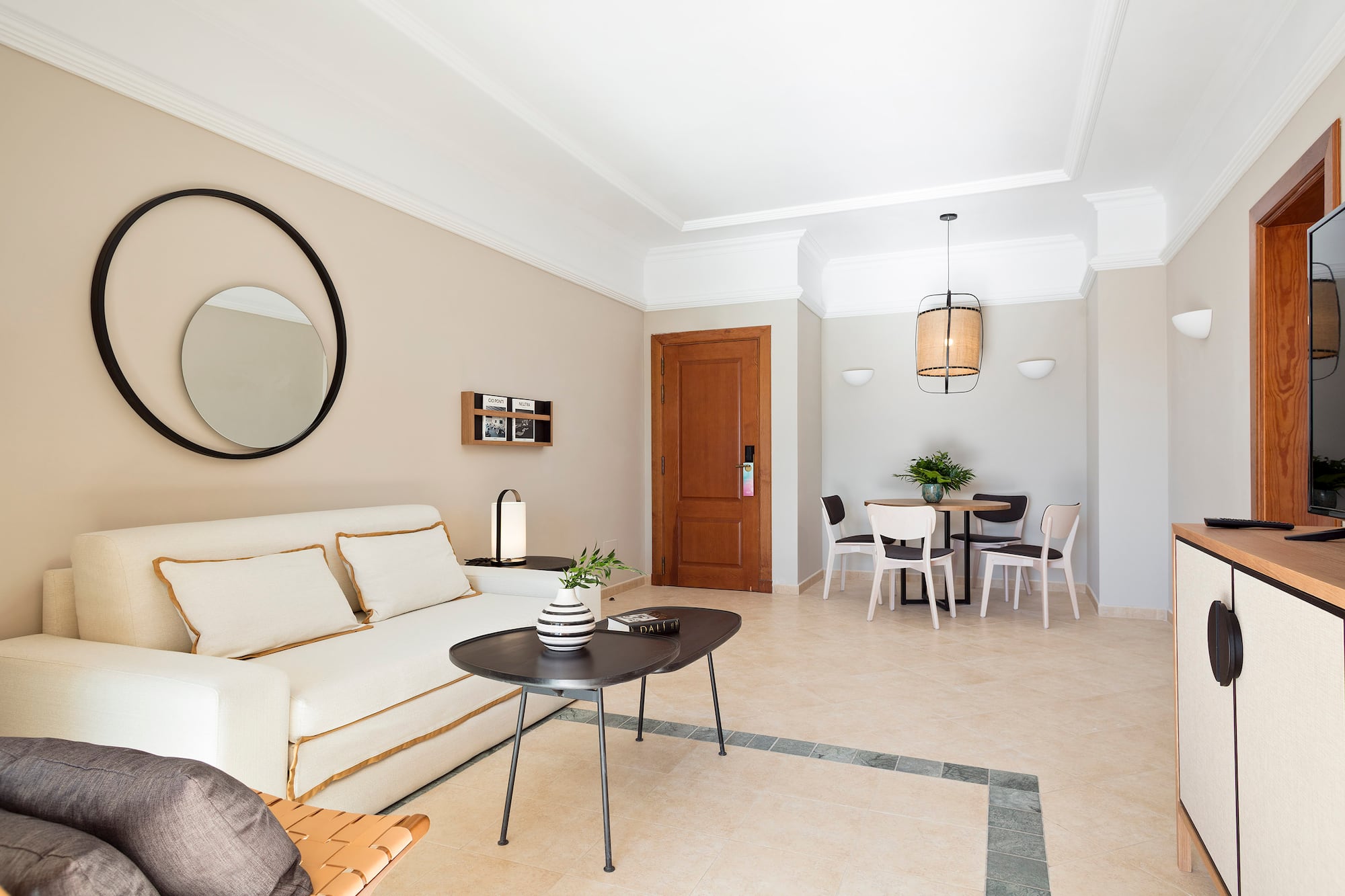 a living room with a couch and a table