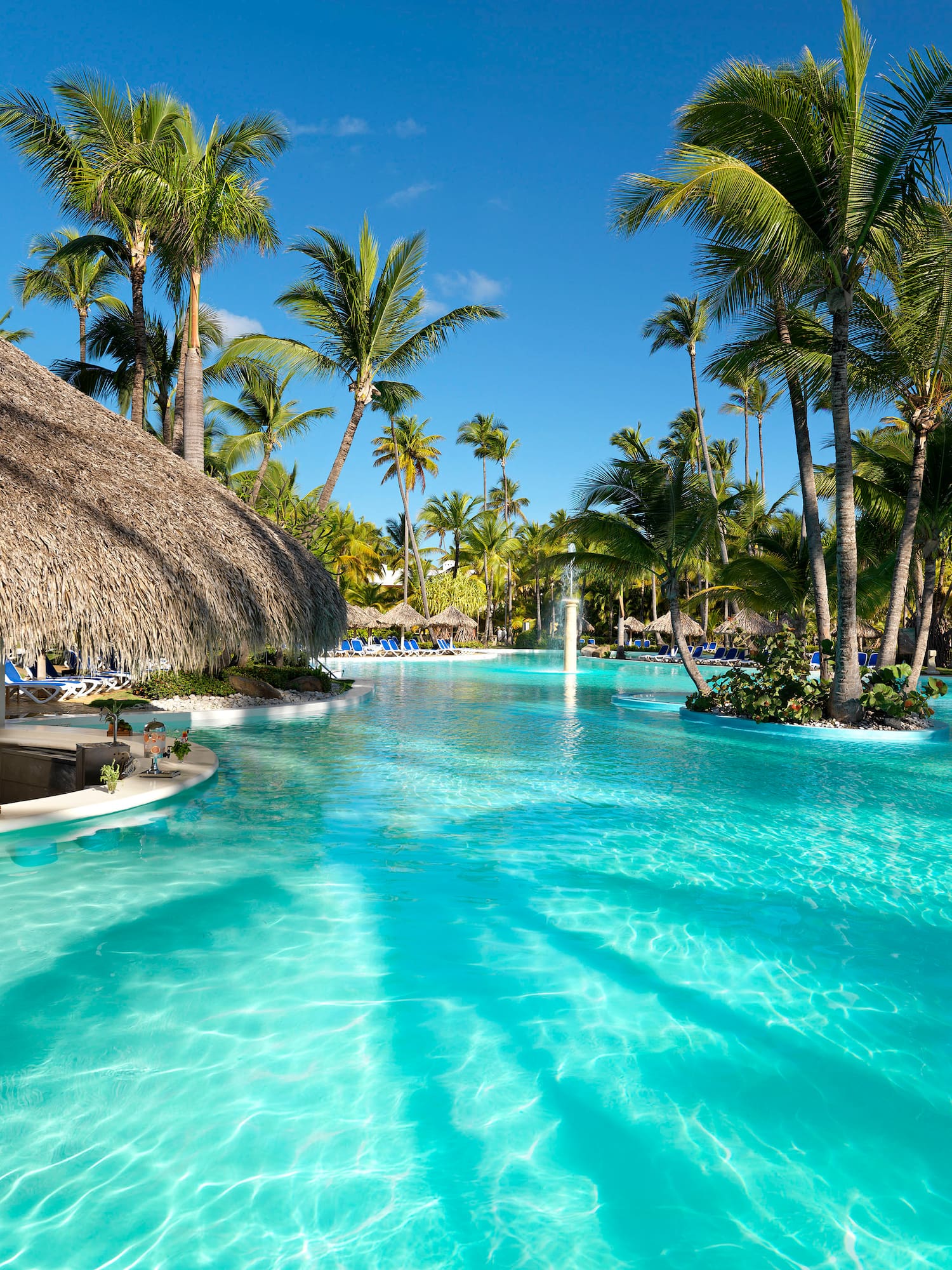 a pool with palm trees and a thatched roof