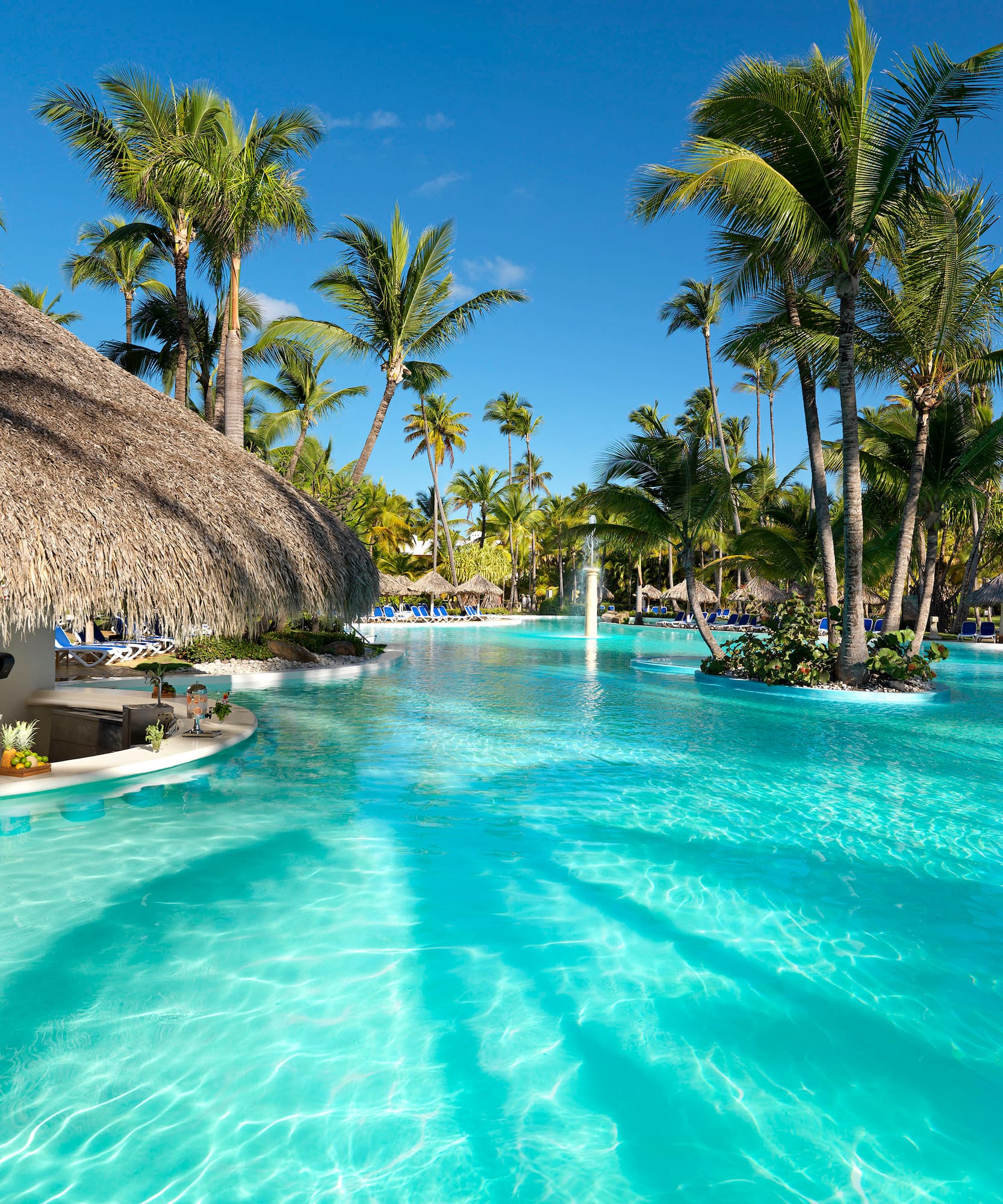 a pool with palm trees and a thatched roof