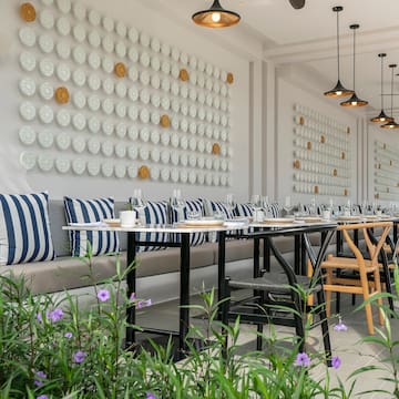 a long table with chairs and a wall of plates