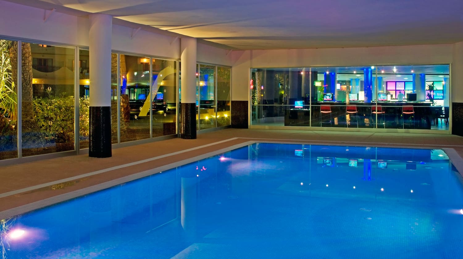 a swimming pool inside a building