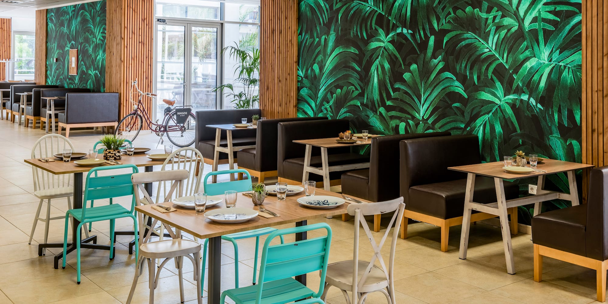 a room with tables and chairs