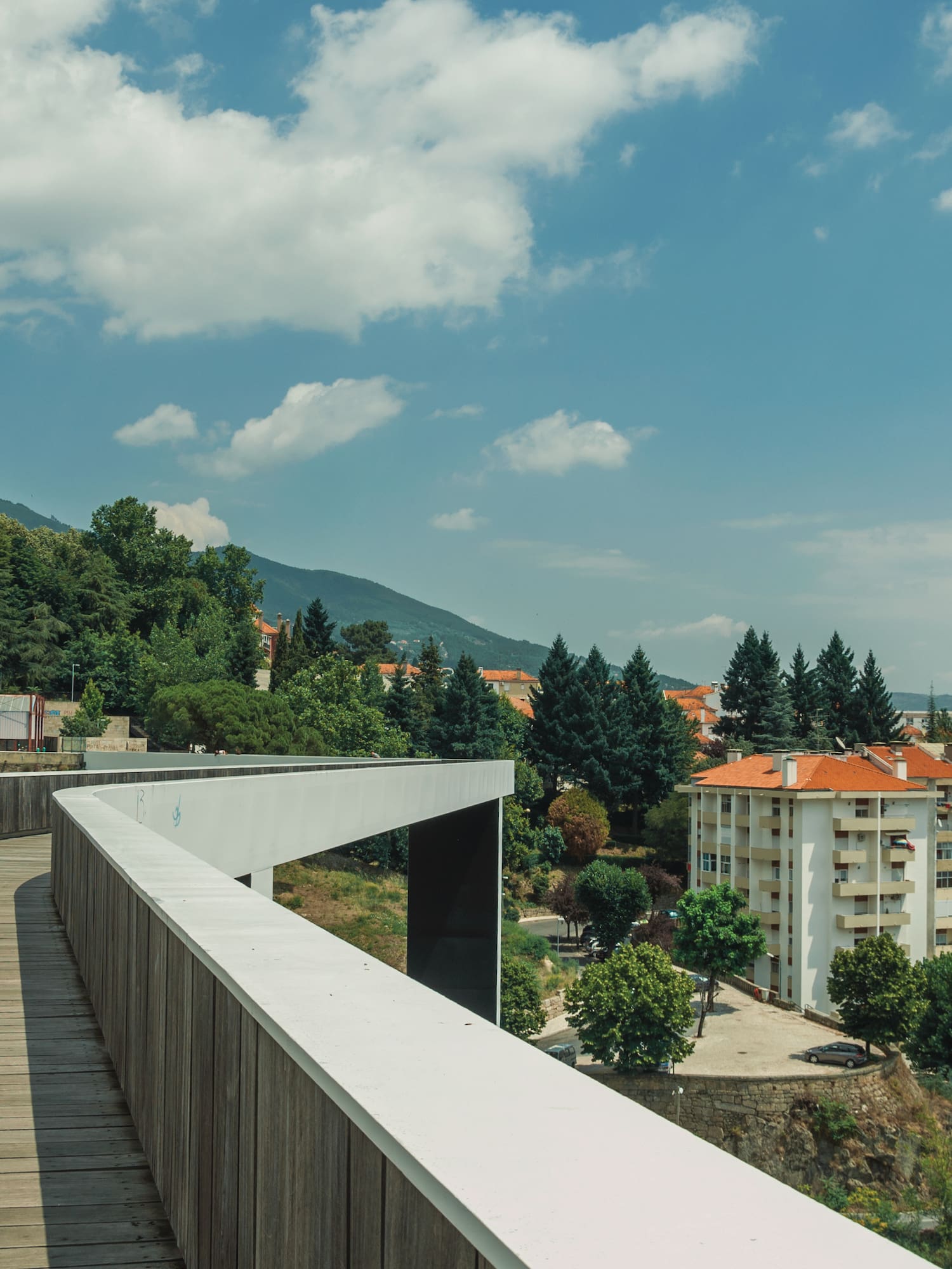 a woman standing on a bridge over a city