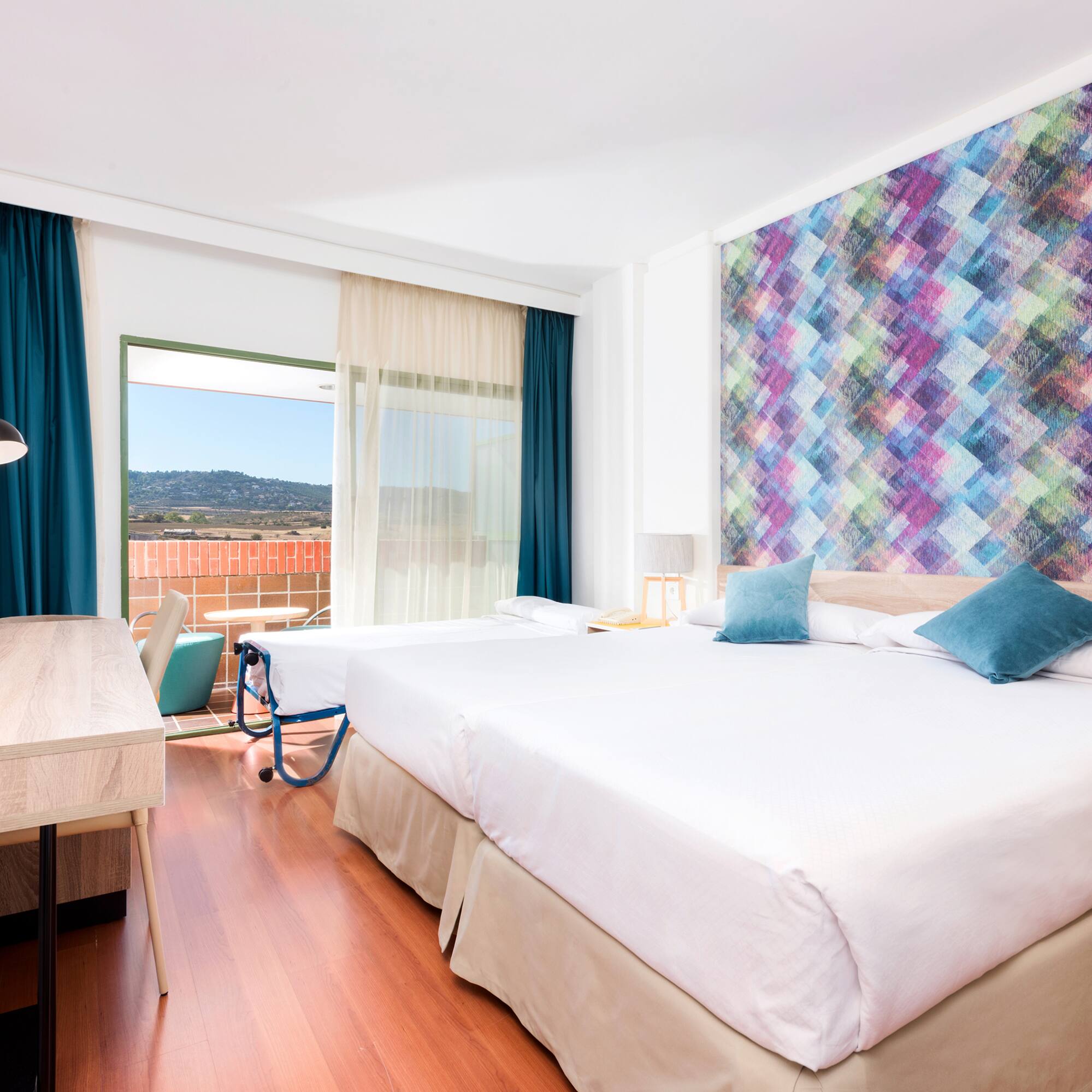 a room with a bed and a table