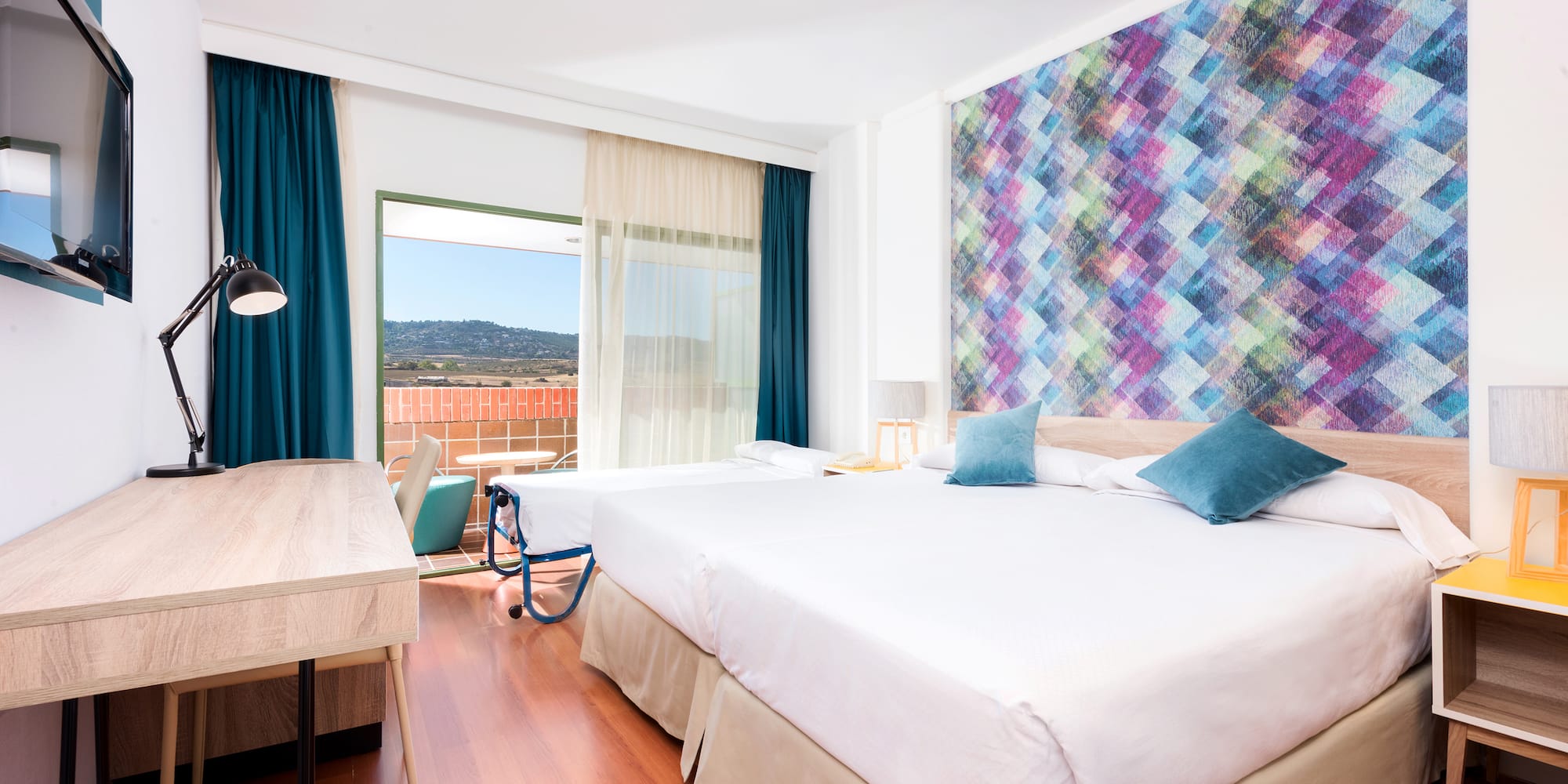 a room with a bed and a table