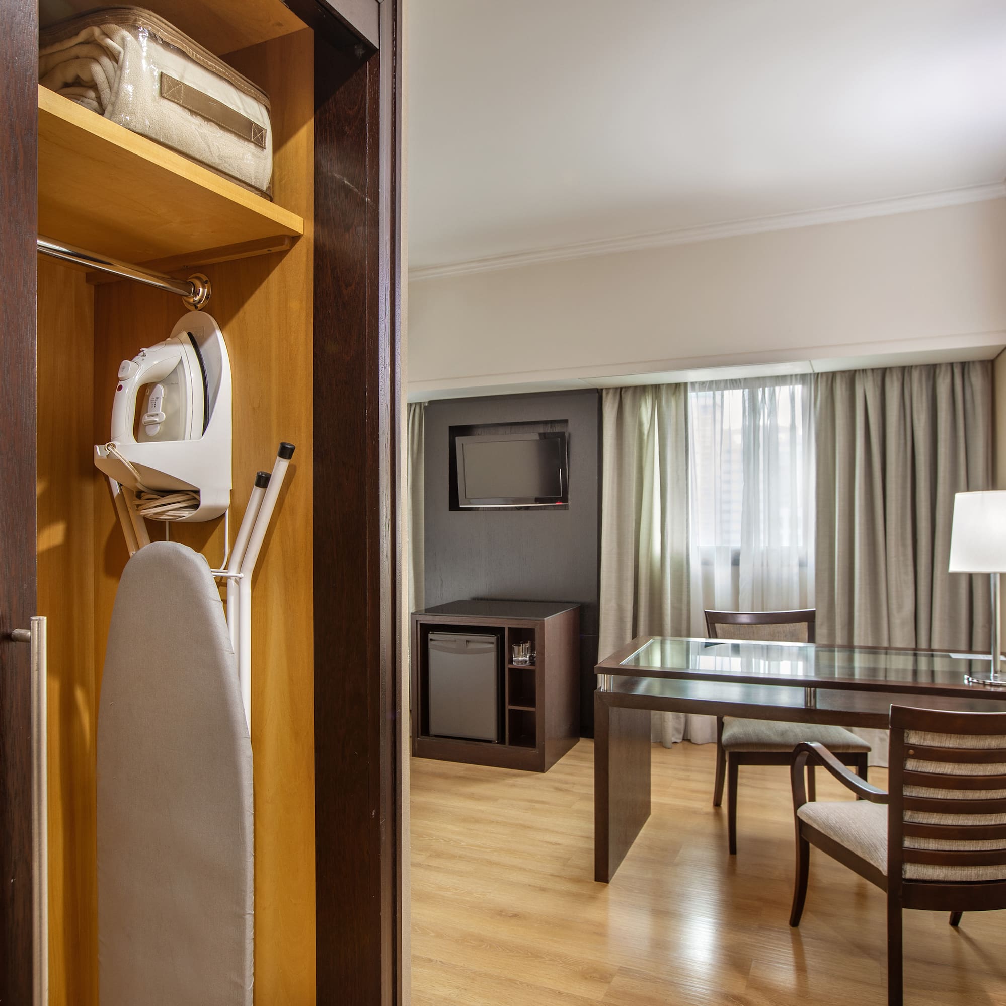 a room with a table and a iron