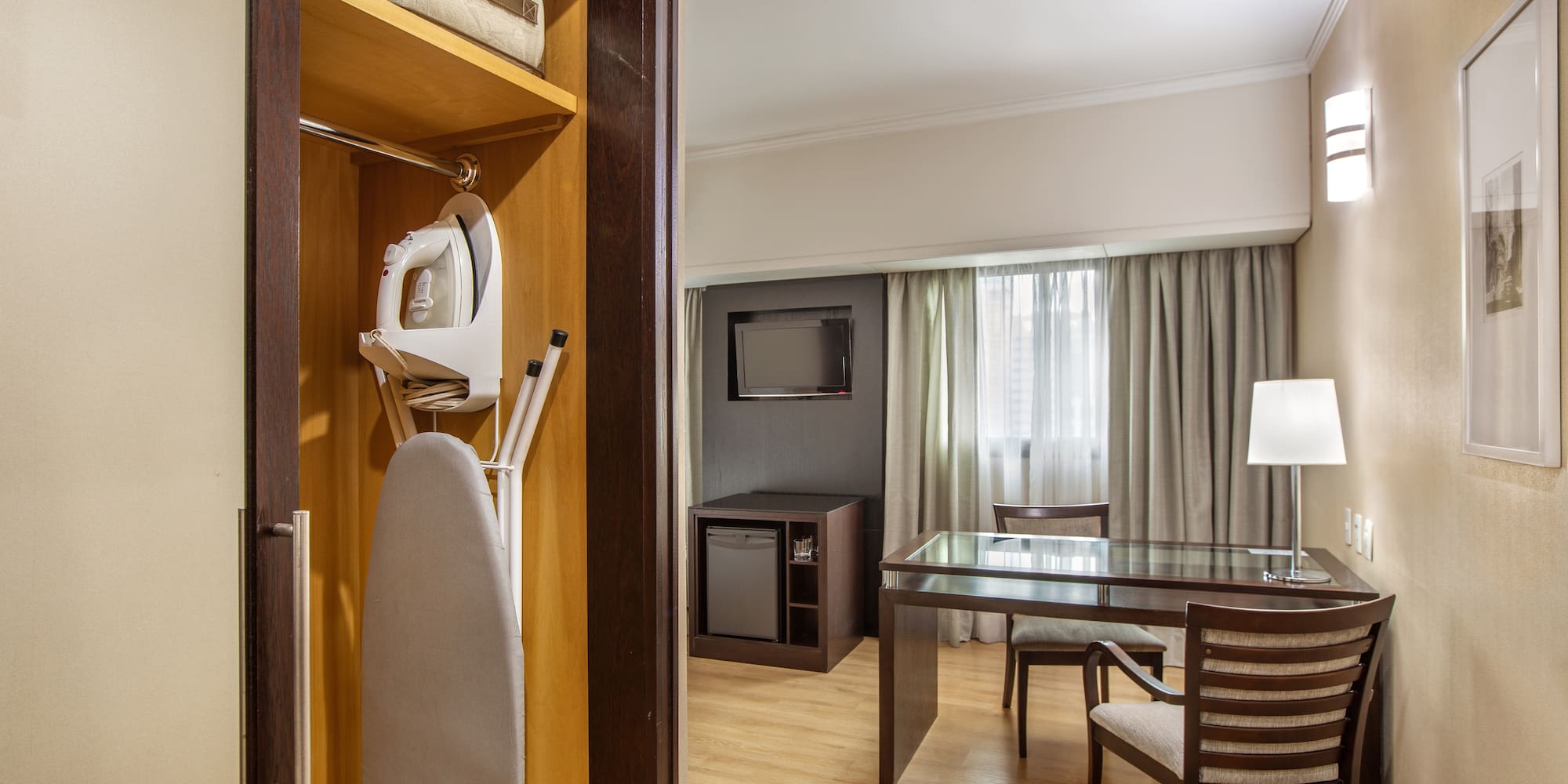 a room with a table and a iron