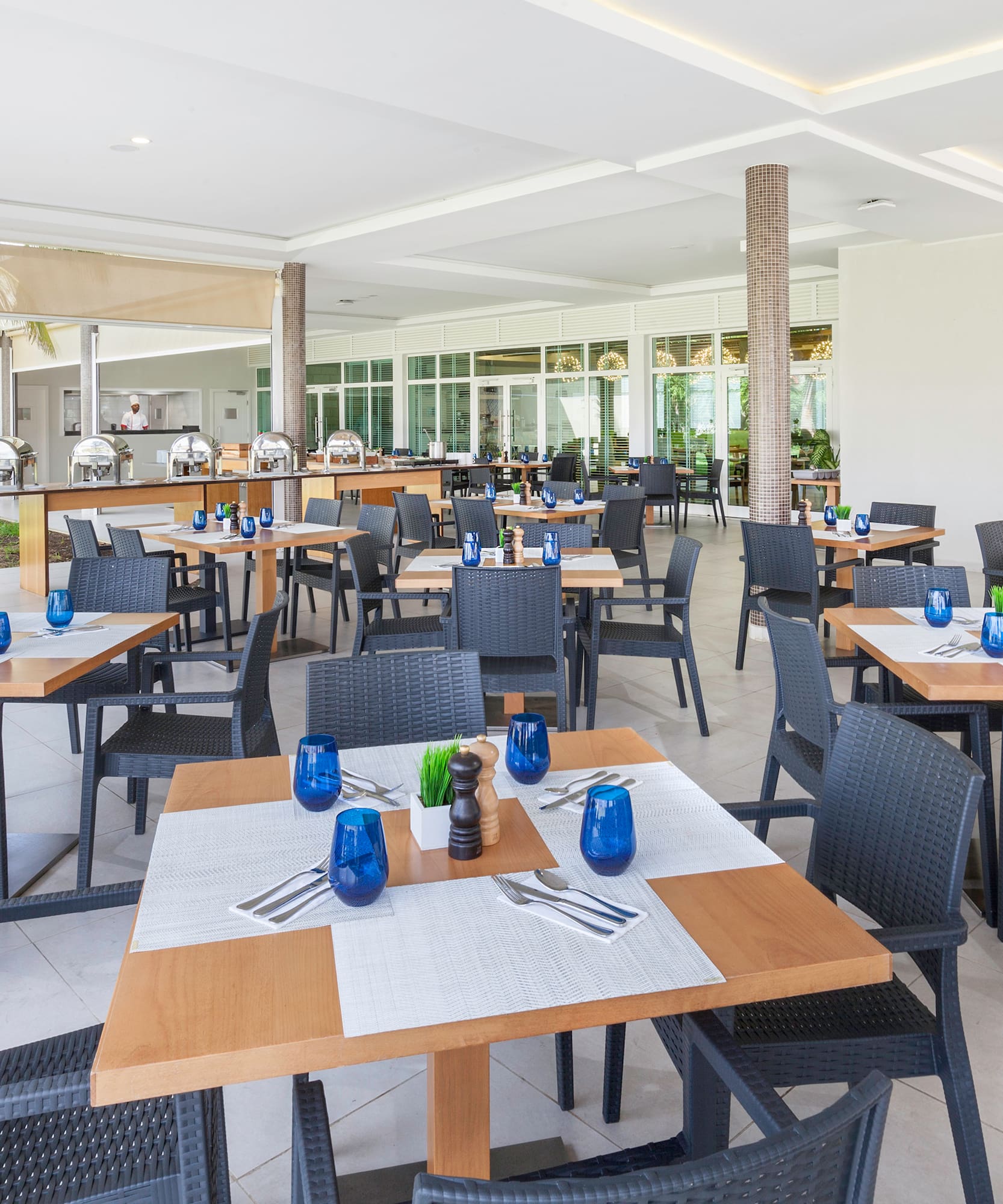 a room with tables and chairs