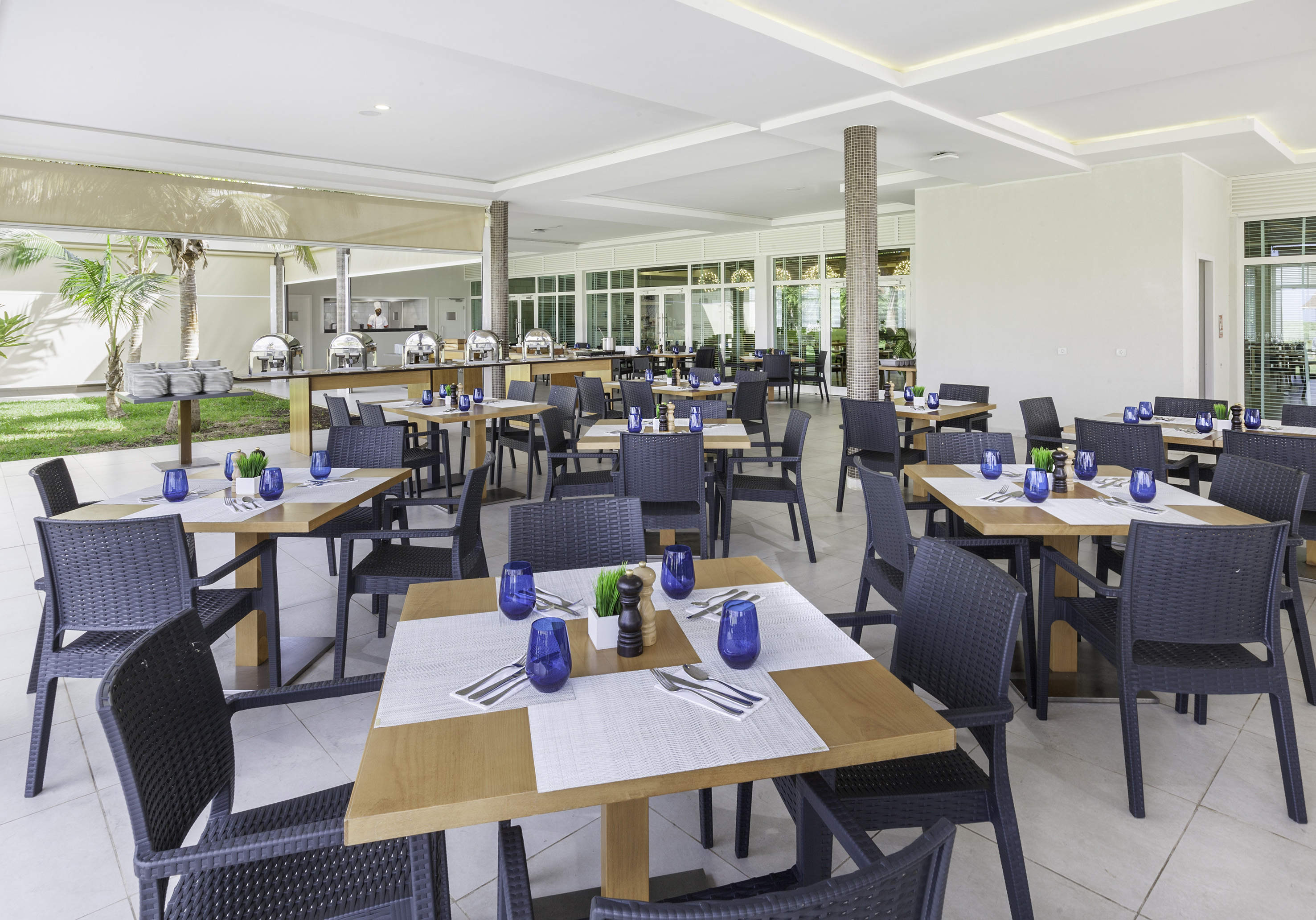 a room with tables and chairs