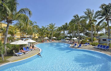 a pool with palm trees and people in it