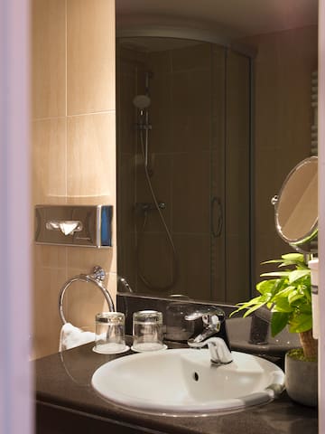 a bathroom with a sink and shower