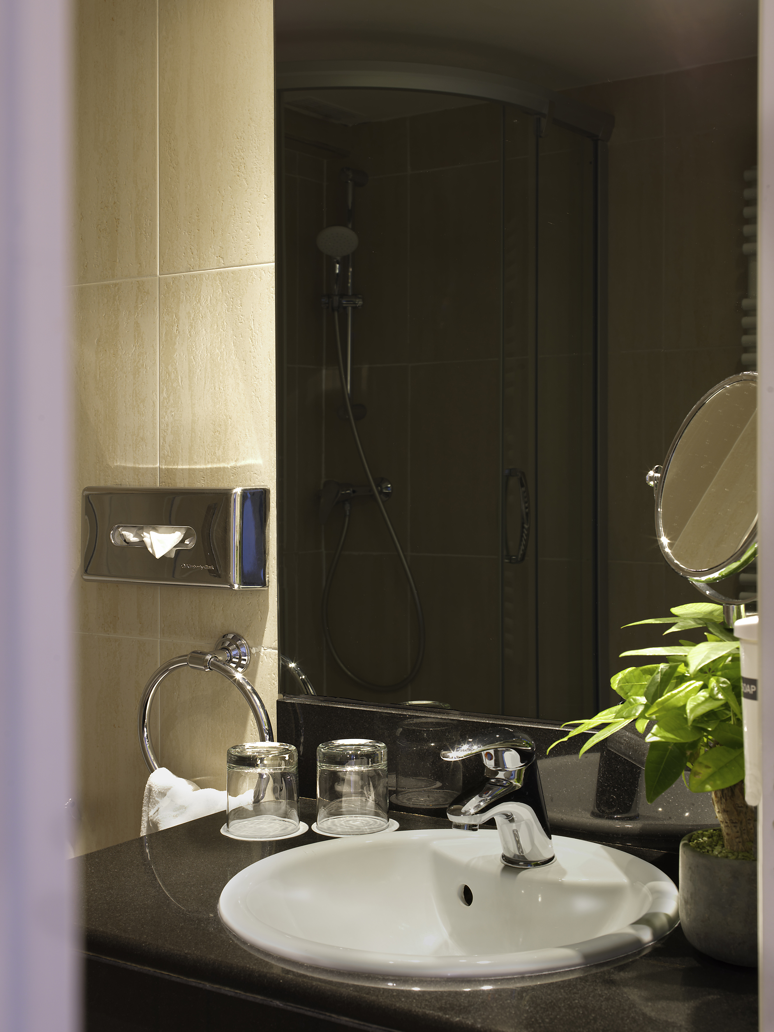 Modern hotel bathroom vanity with sink, chrome faucet, and reflected shower.