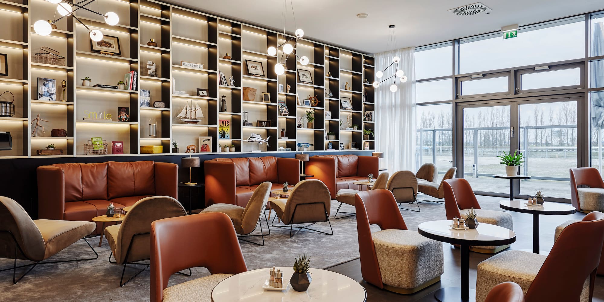 a room with tables and chairs