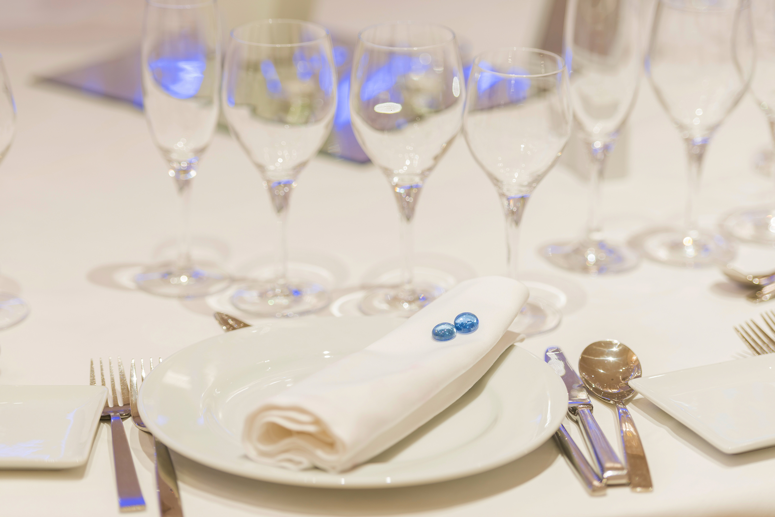 Elegant event table setting: white plates, napkins, wine glasses, blue decor.