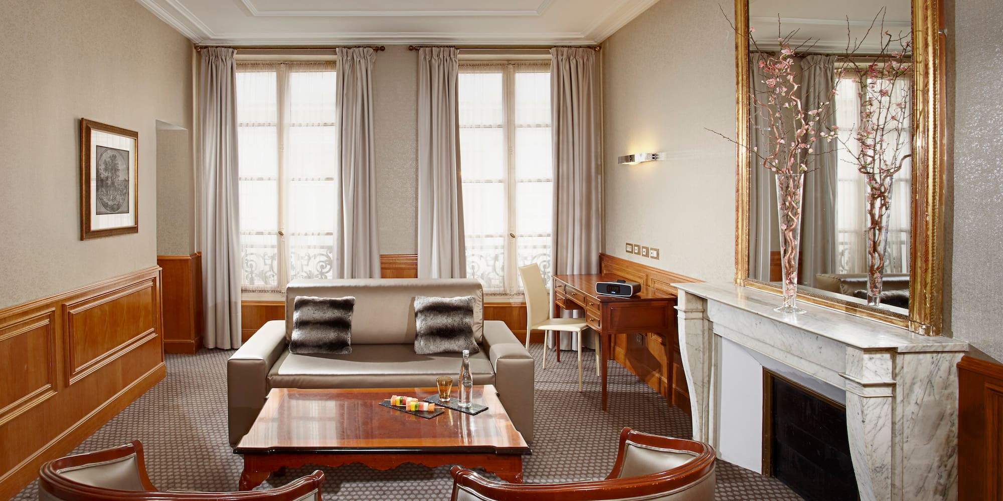 a room with a fireplace and a couch