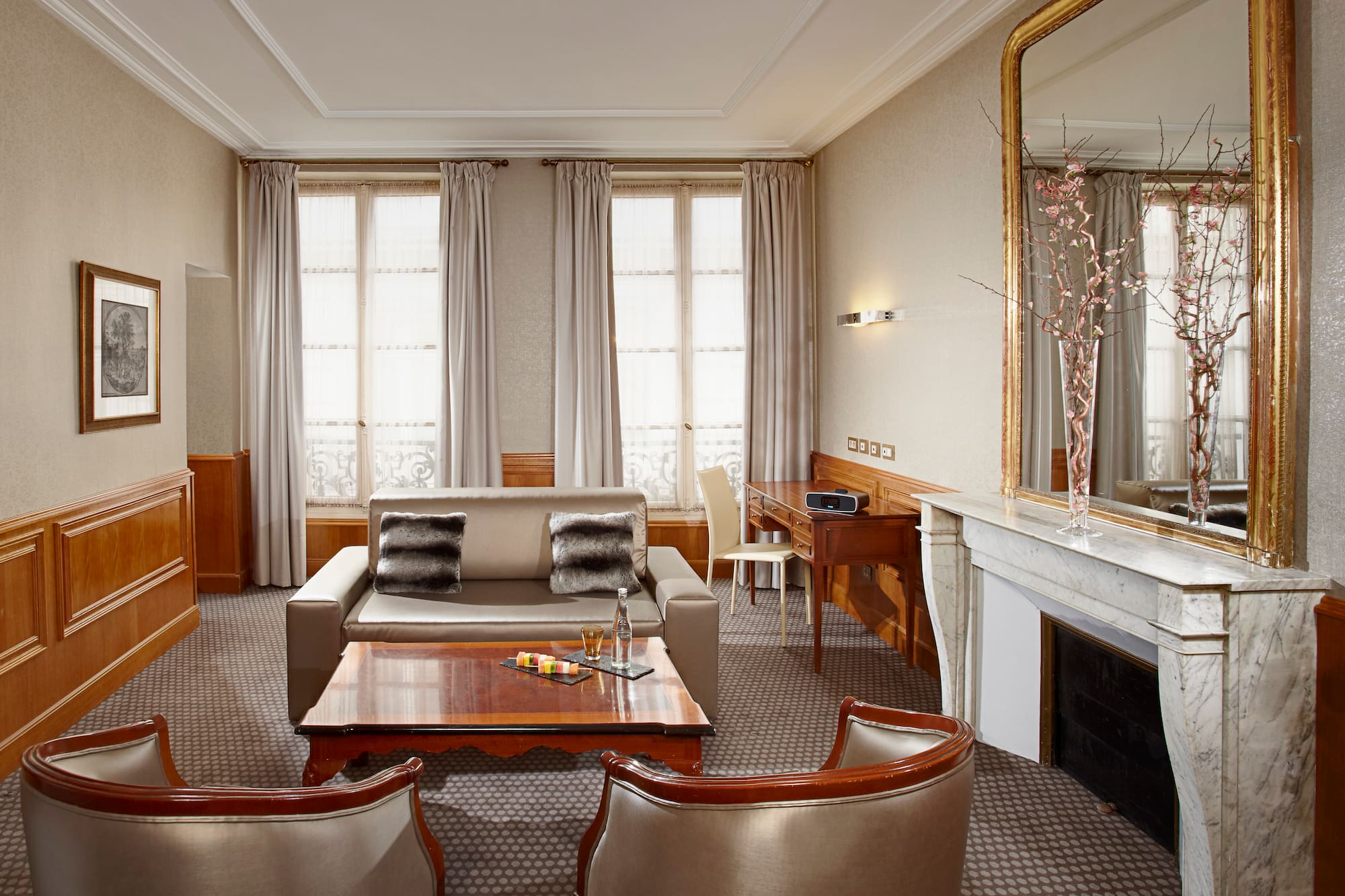 a room with a fireplace and a couch