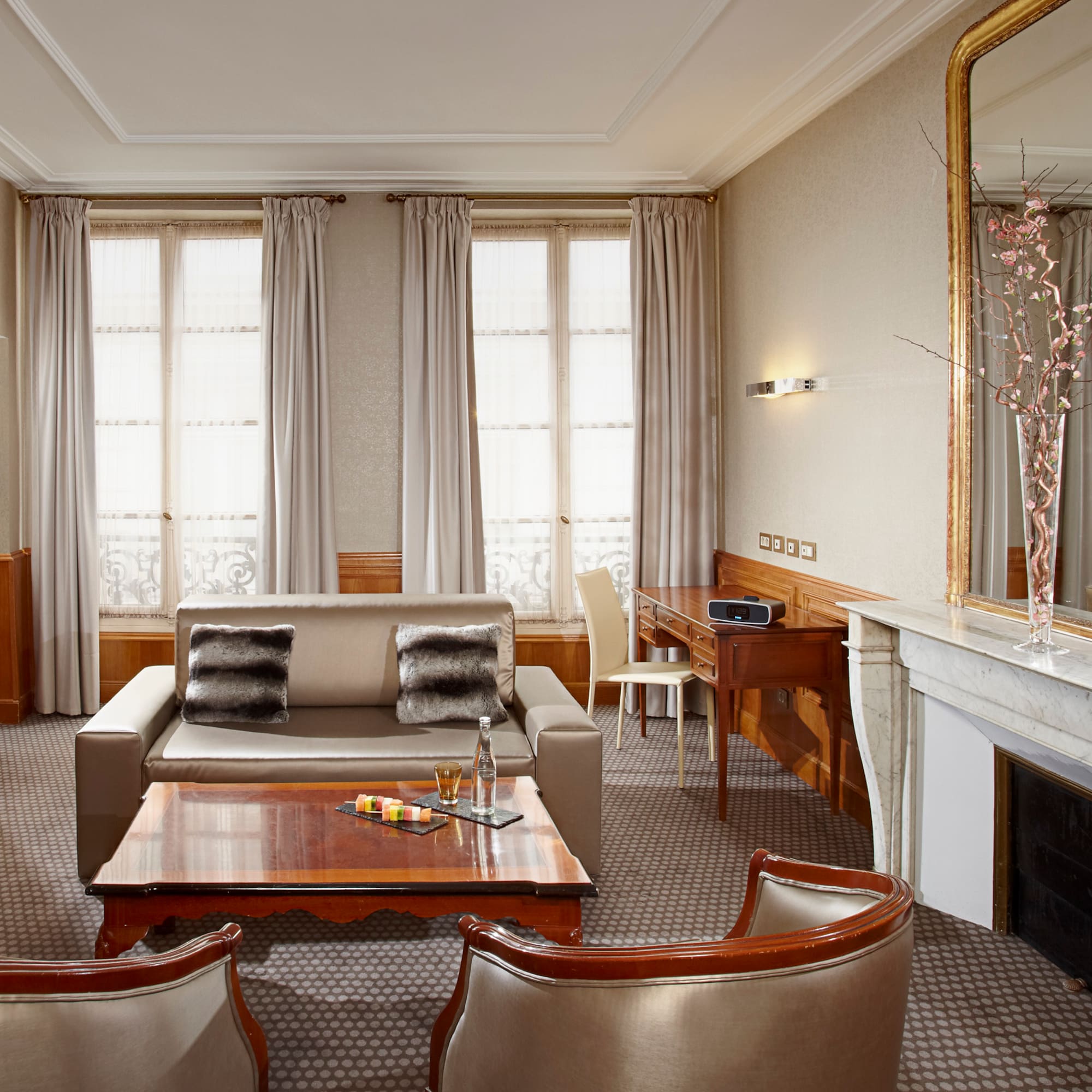 a room with a fireplace and a couch