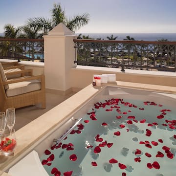 a hot tub with rose petals on the water