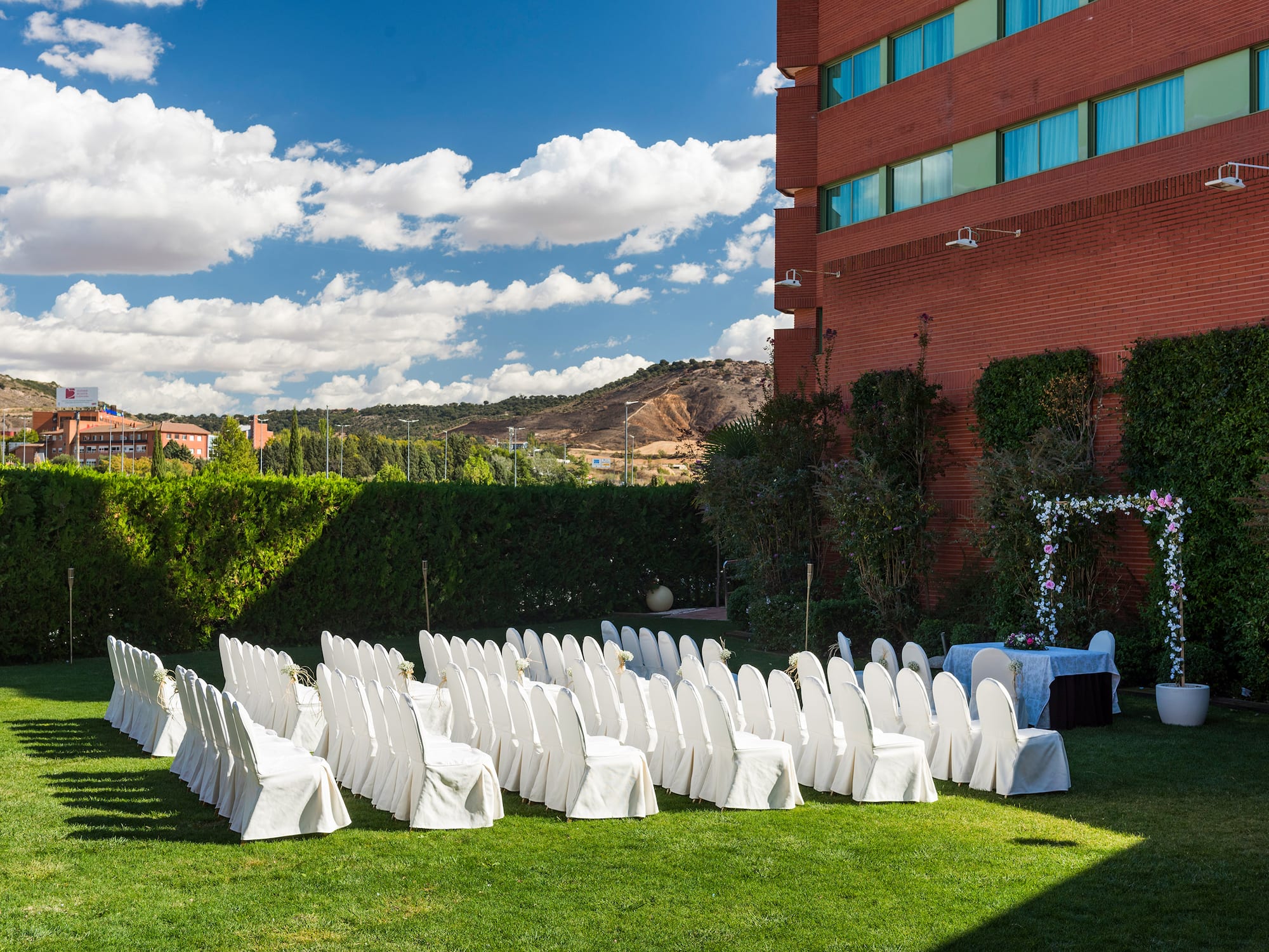 a group of chairs in a yard