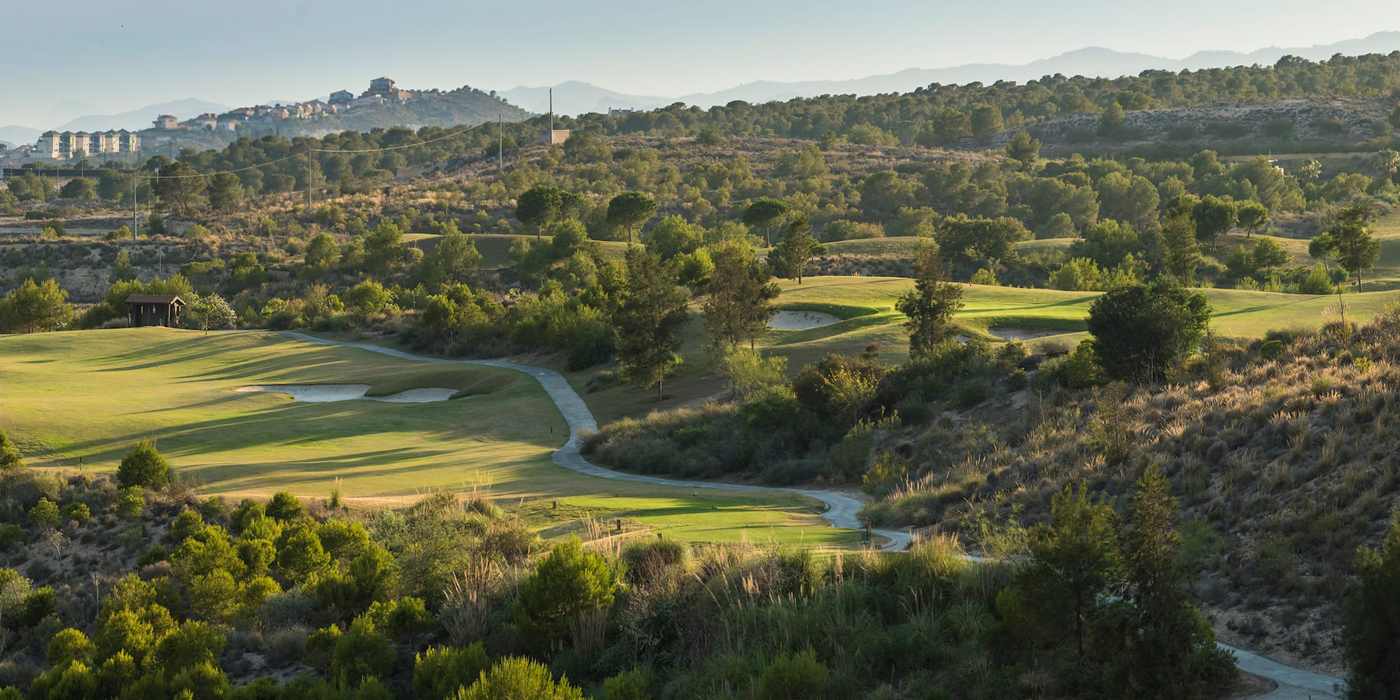 a golf course with trees and hills