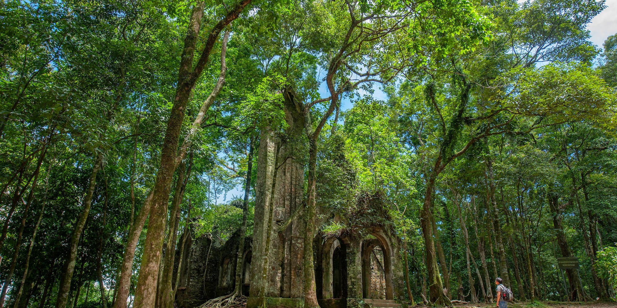 a man standing in front of a building surrounded by trees