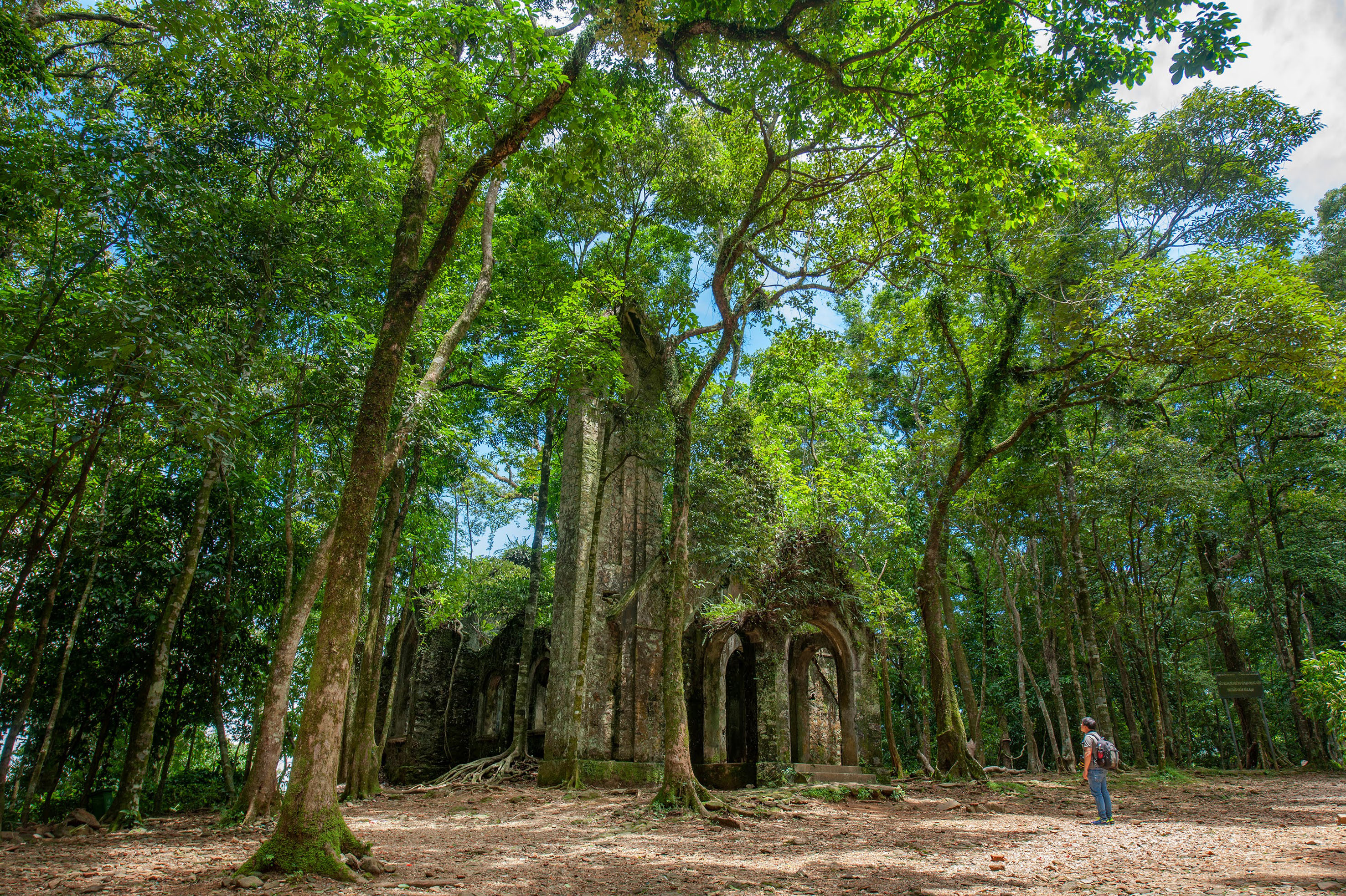 a man standing in front of a building surrounded by trees