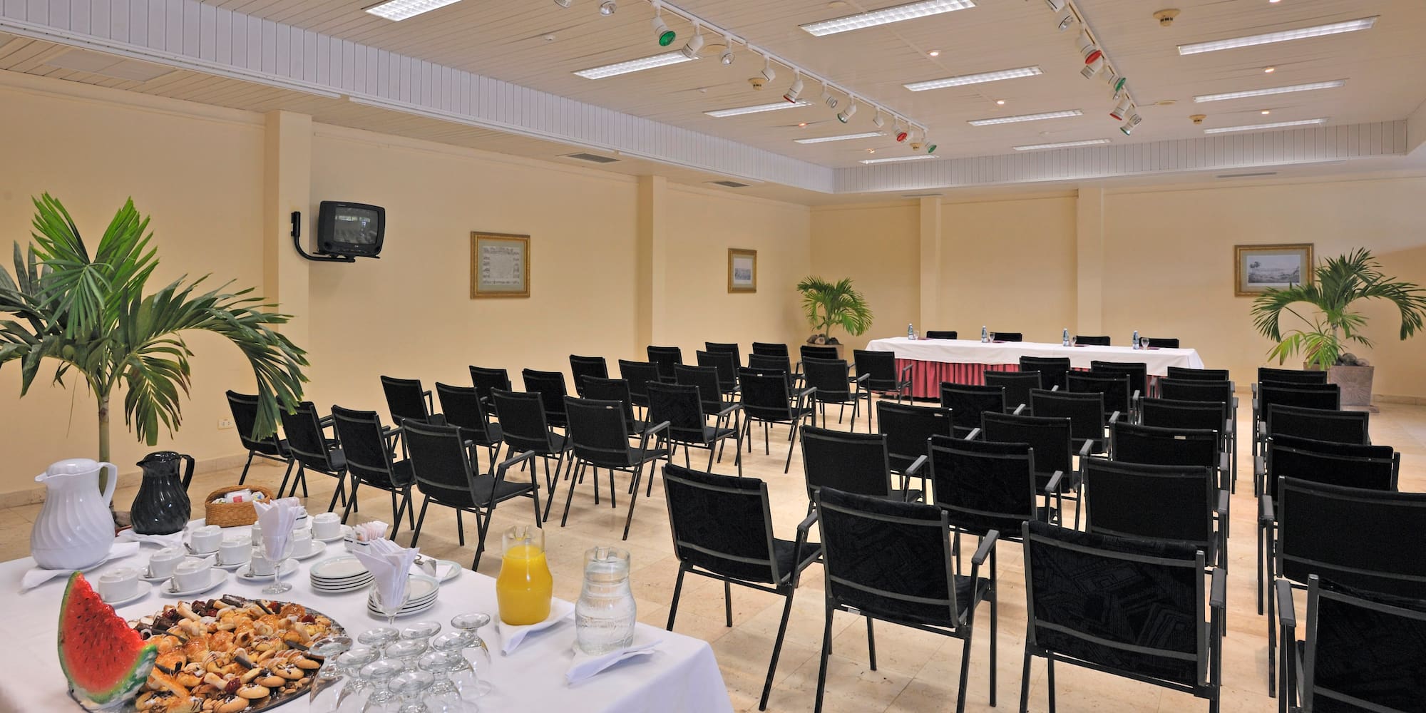 a room with a table set up