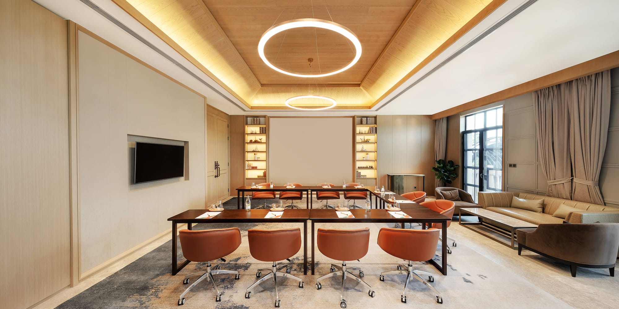 a room with a table and chairs