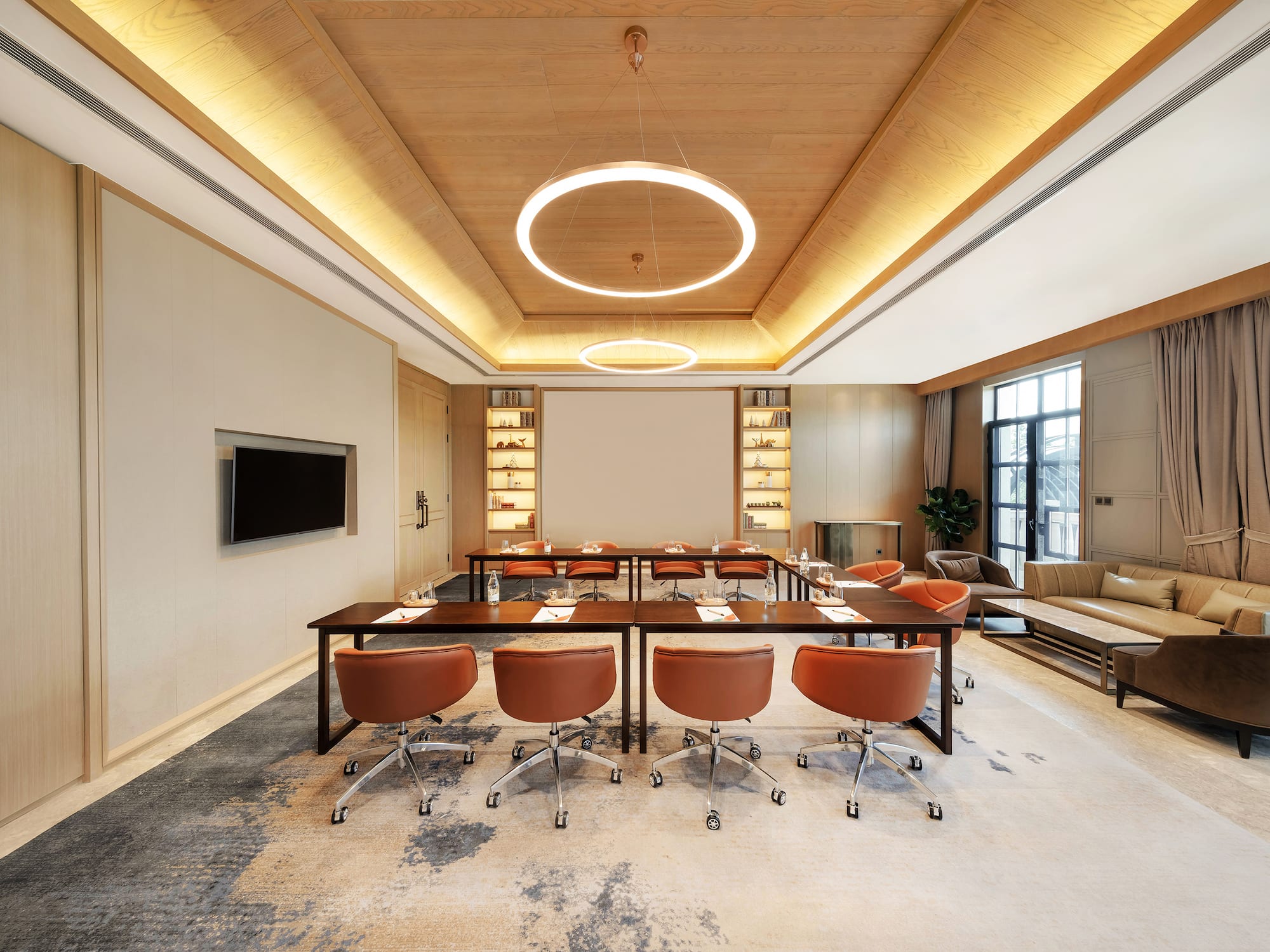 a room with a table and chairs