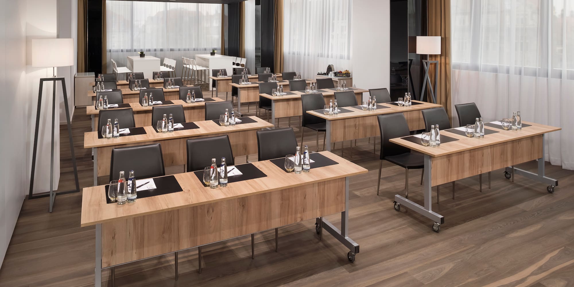 a room with tables and chairs