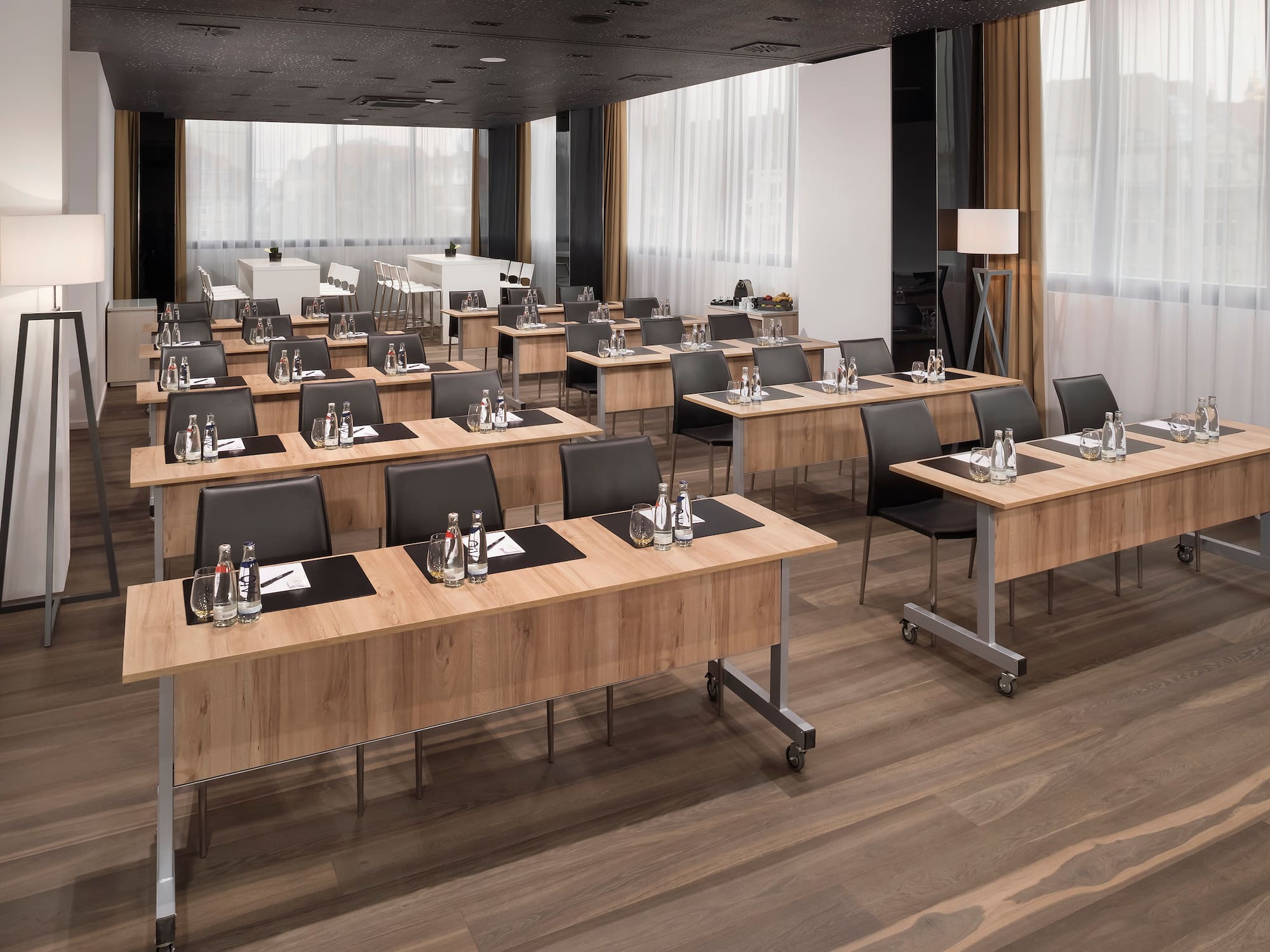 a room with tables and chairs