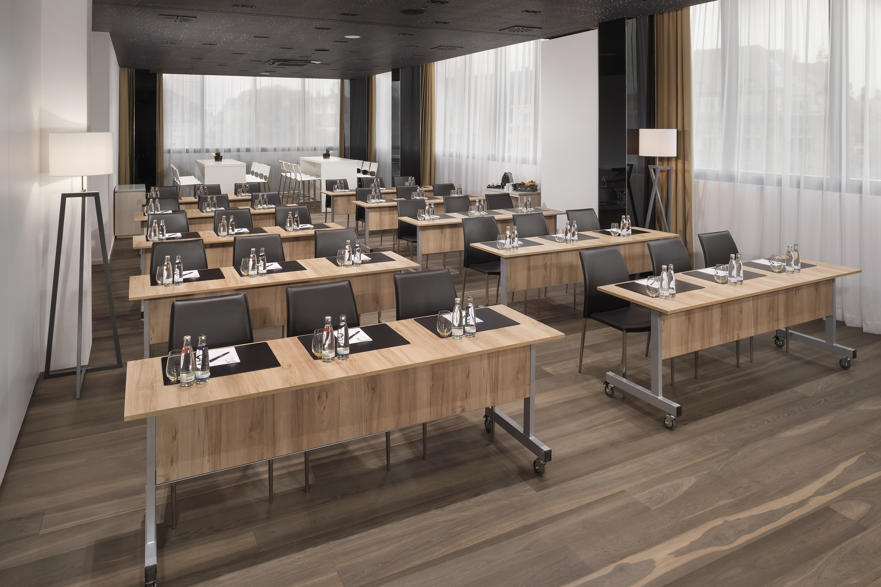 a room with tables and chairs