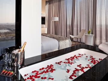 a bathtub with rose petals in a hotel room