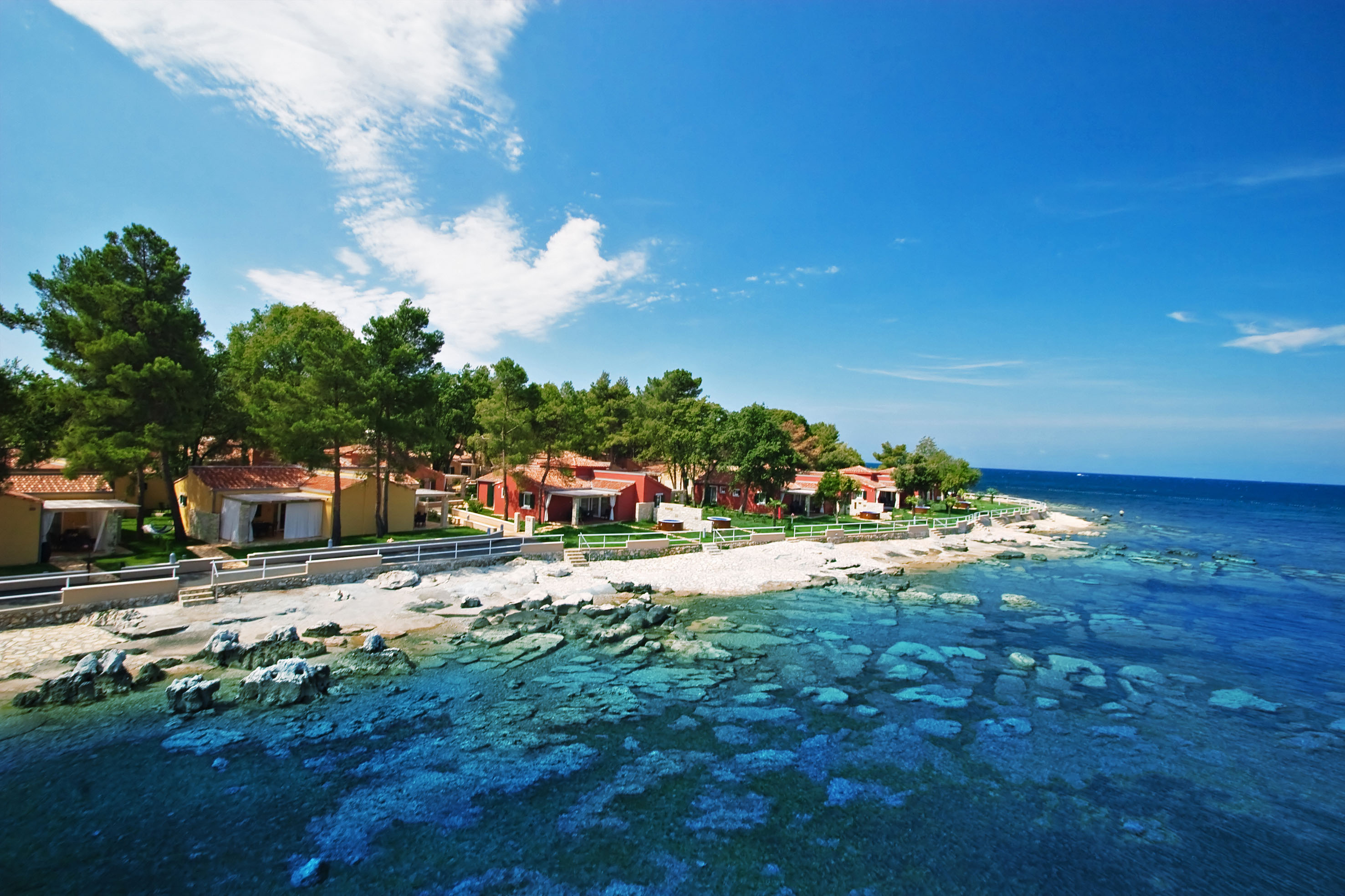 a beach with houses and trees
